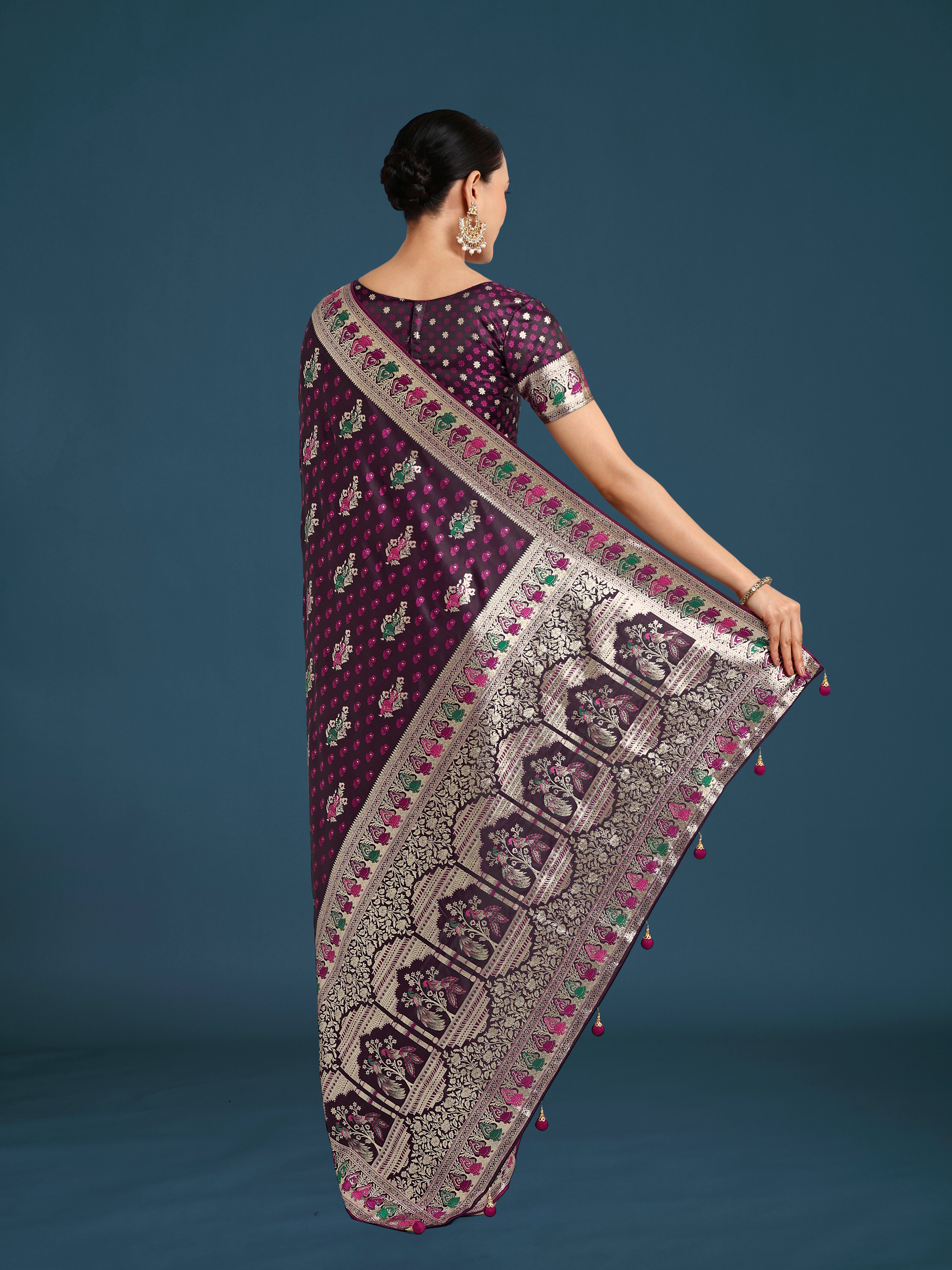 Monjolika Fashion Wine With Gold Bordar Banarasi Zari Woven Satin Saree