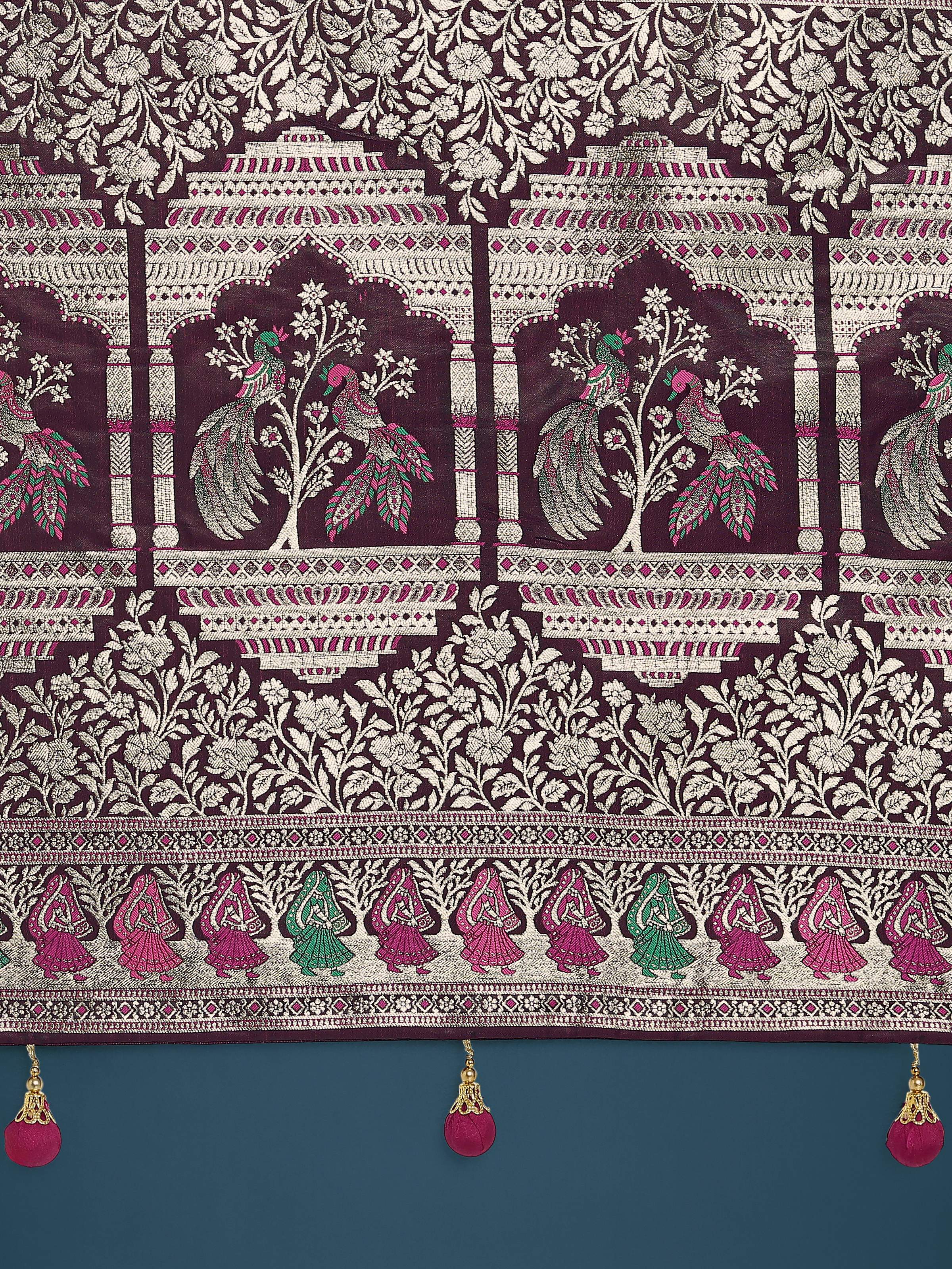 Monjolika Fashion Wine With Gold Bordar Banarasi Zari Woven Satin Saree
