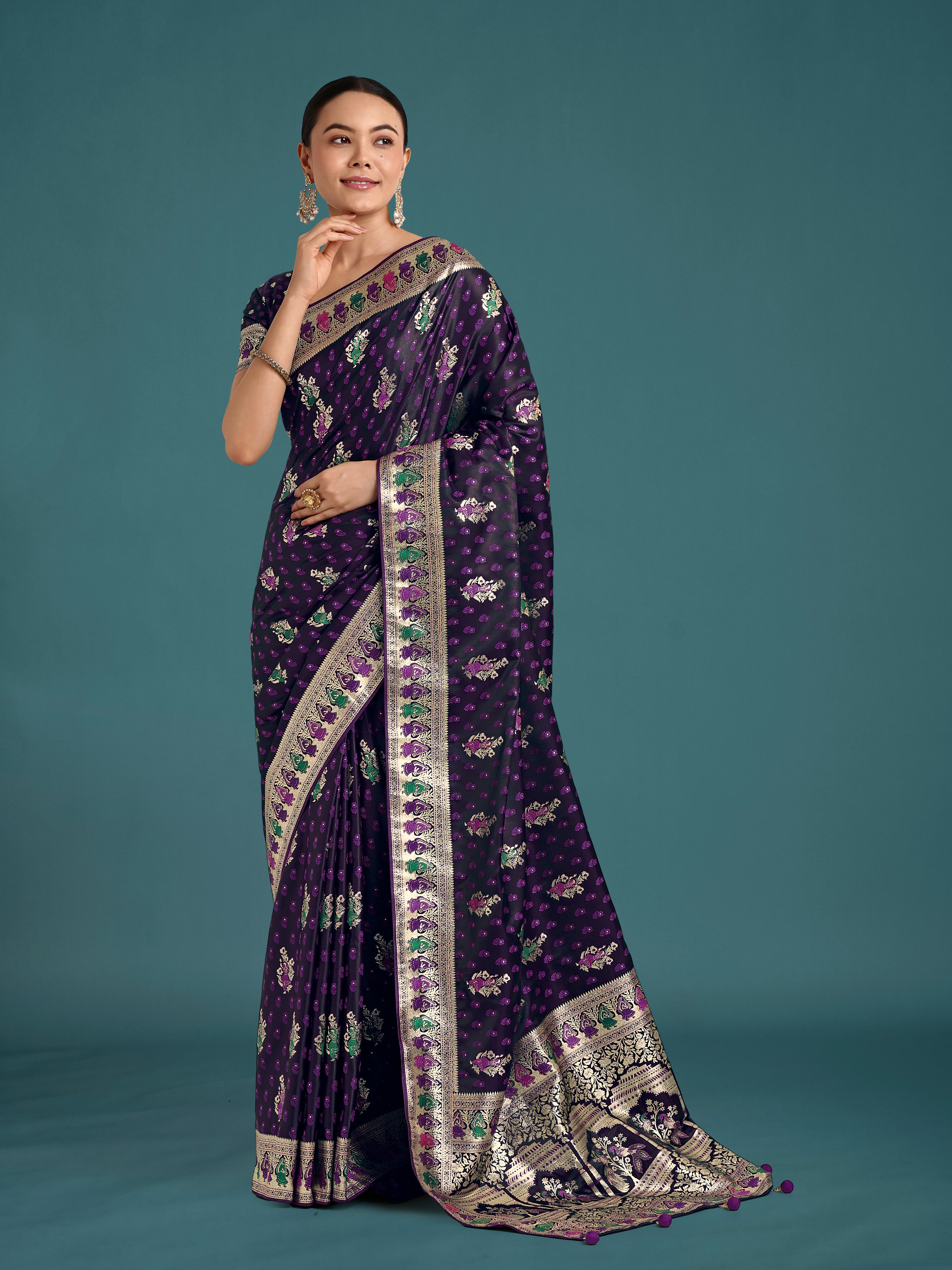 Monjolika Fashion Purple With Gold Bordar Banarasi Zari Woven Satin Saree