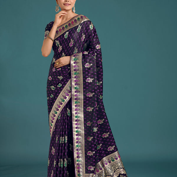 Monjolika Fashion Purple With Gold Bordar Banarasi Zari Woven Satin Saree - Distacart