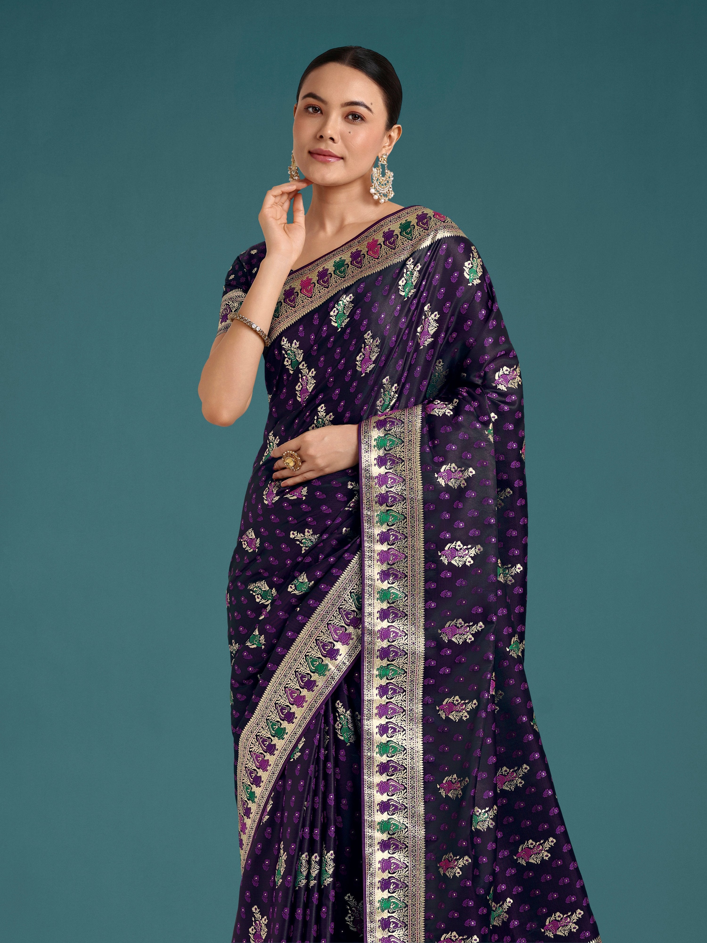 Monjolika Fashion Purple With Gold Bordar Banarasi Zari Woven Satin Saree
