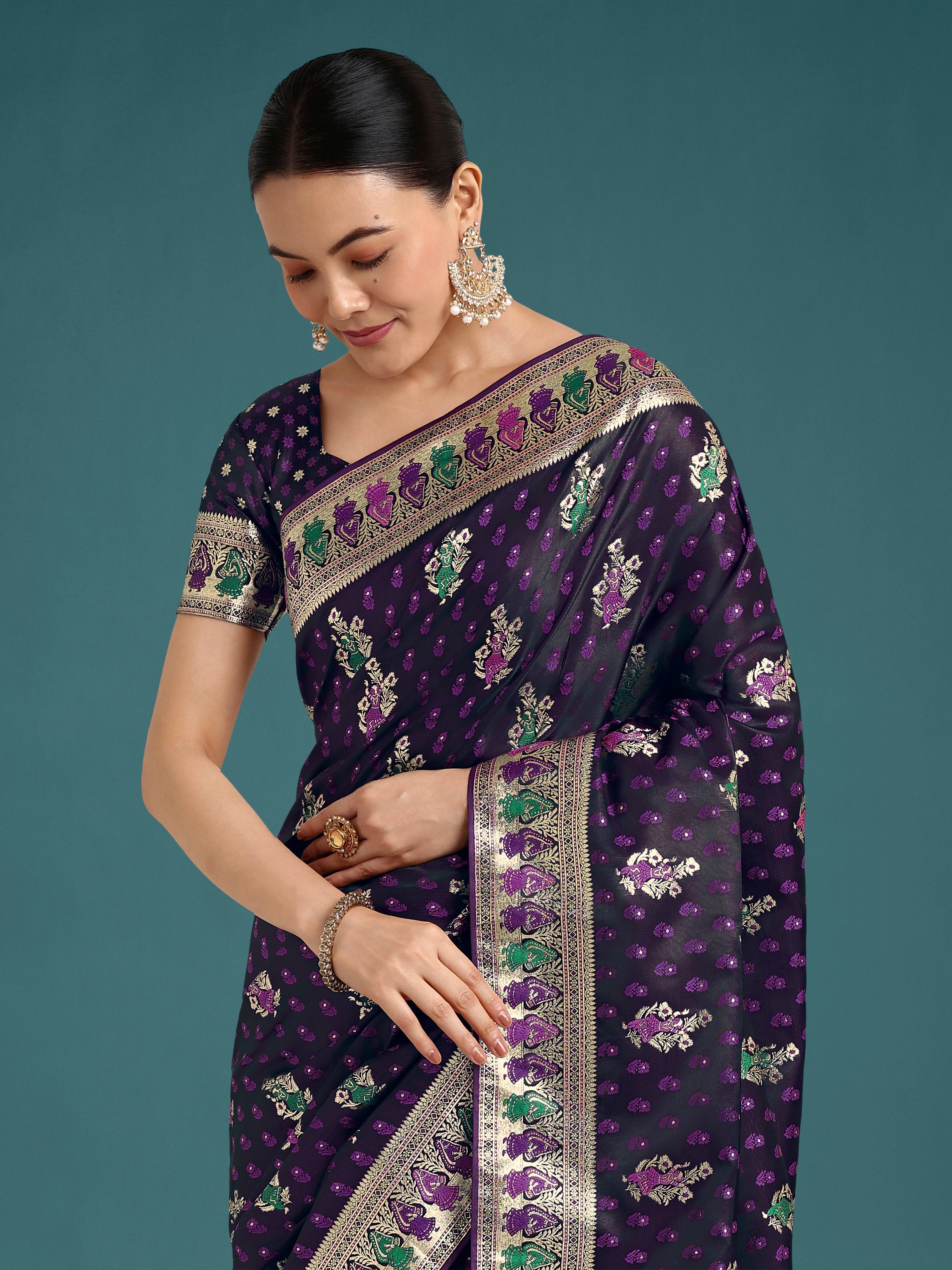 Monjolika Fashion Purple With Gold Bordar Banarasi Zari Woven Satin Saree