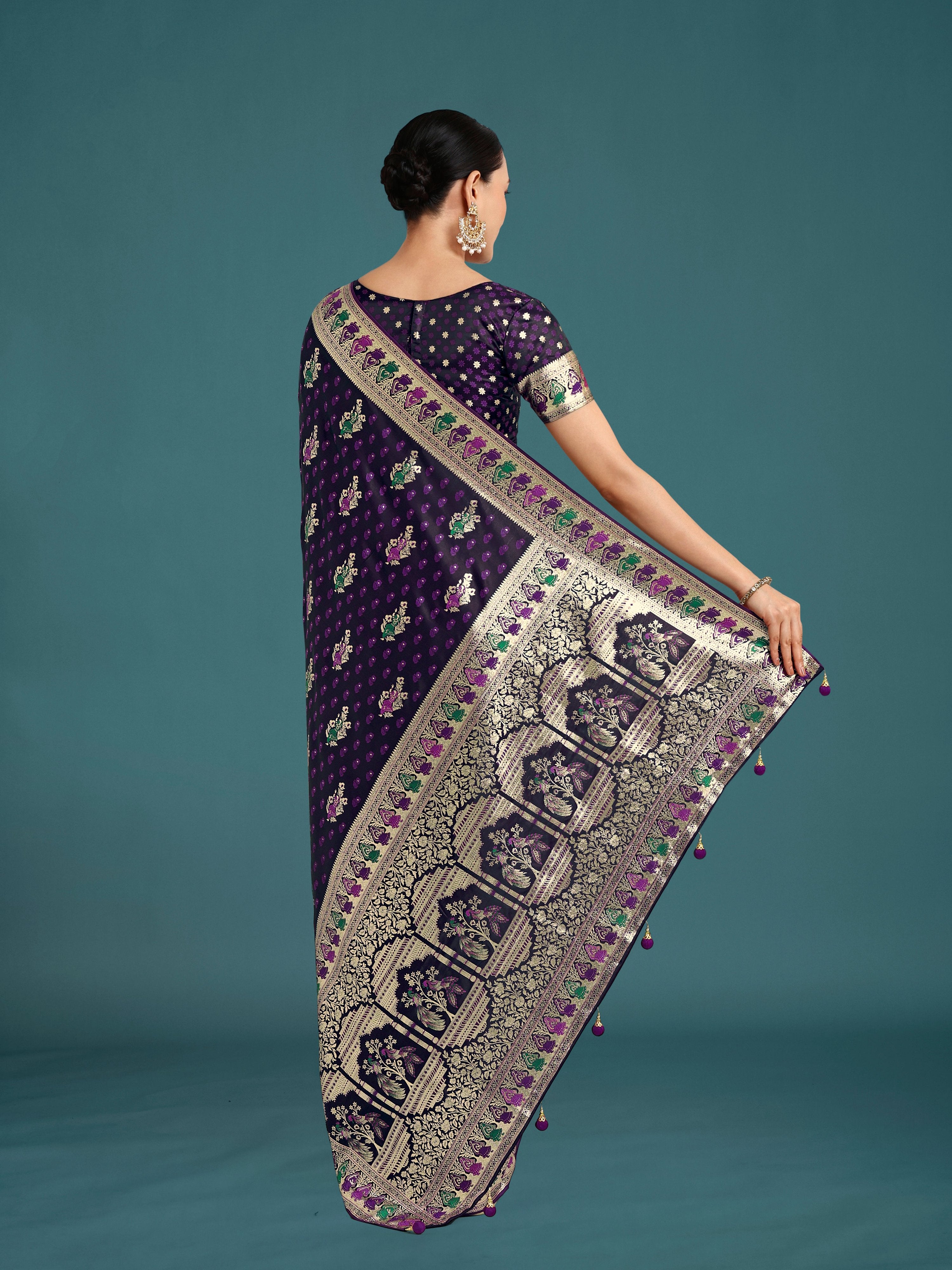 Monjolika Fashion Purple With Gold Bordar Banarasi Zari Woven Satin Saree