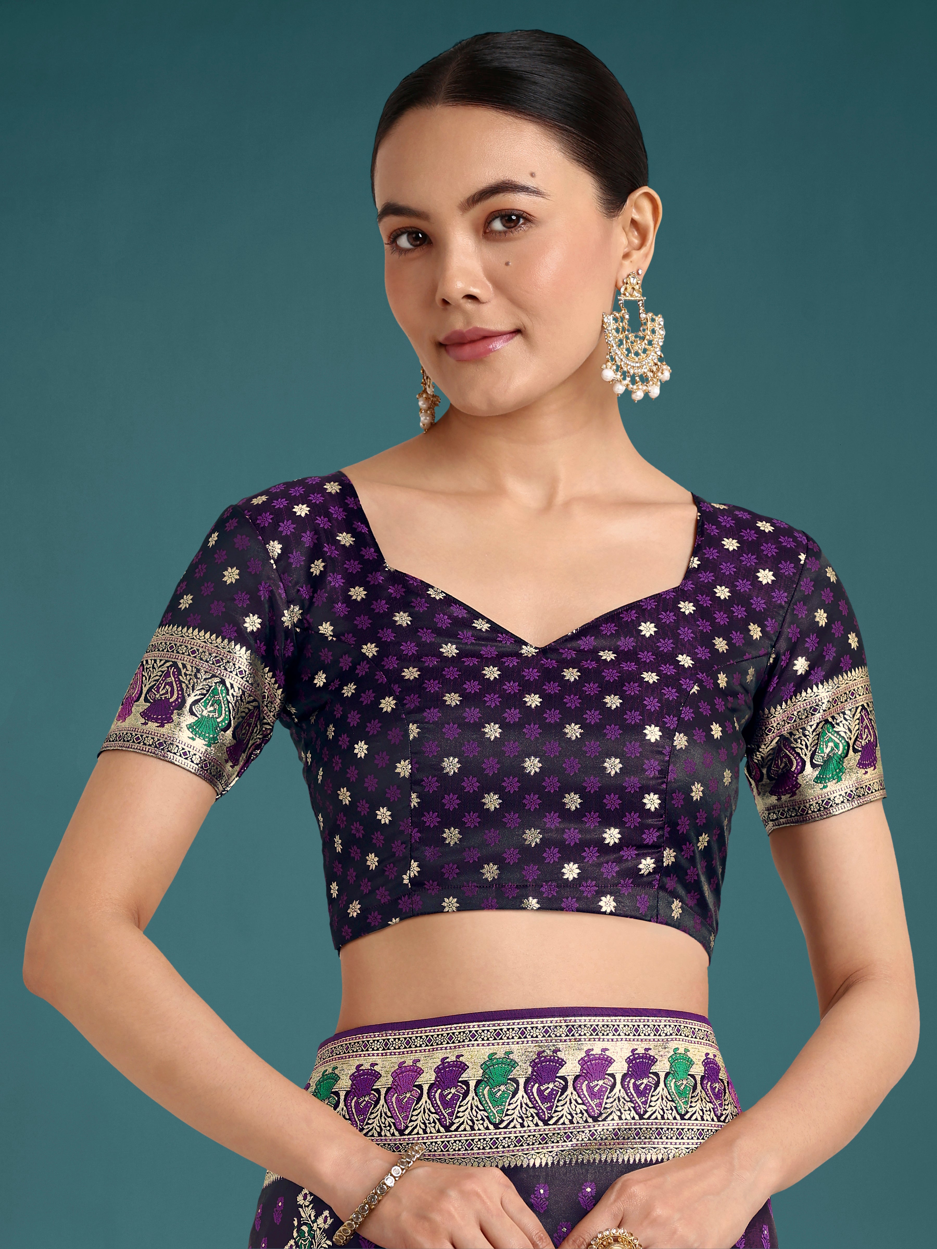 Monjolika Fashion Purple With Gold Bordar Banarasi Zari Woven Satin Saree