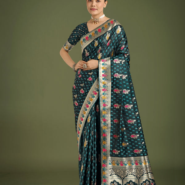 Monjolika Fashion Teal With Gold Bordar Banarasi Zari Woven Satin Saree - Distacart