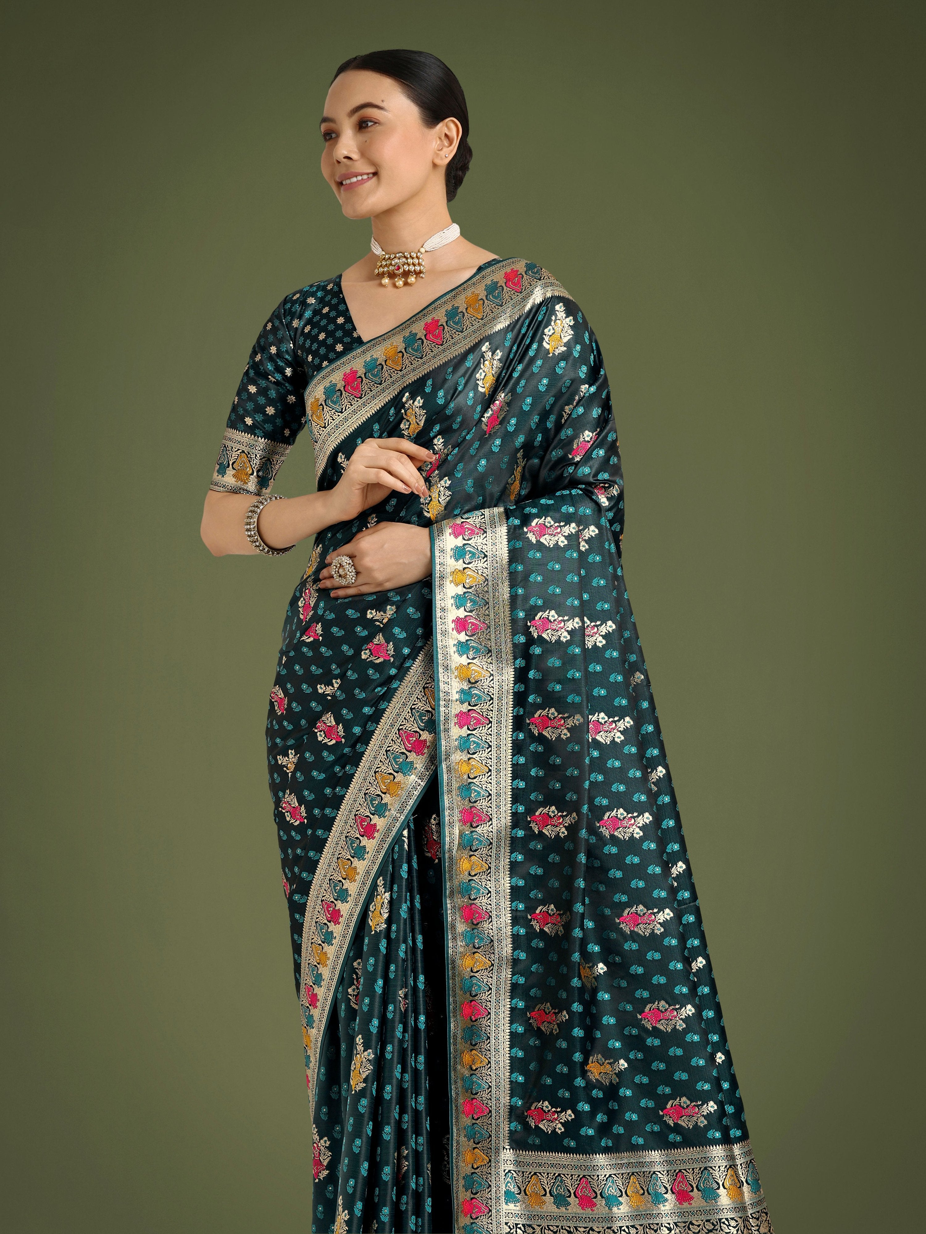 Monjolika Fashion Teal With Gold Bordar Banarasi Zari Woven Satin Saree