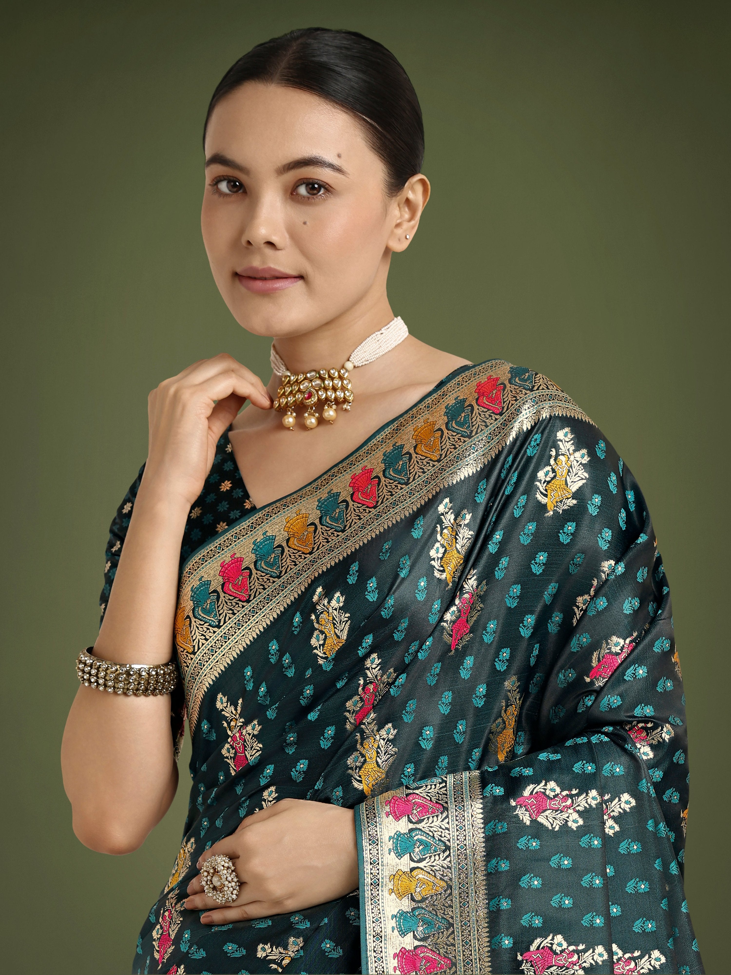 Monjolika Fashion Teal With Gold Bordar Banarasi Zari Woven Satin Saree