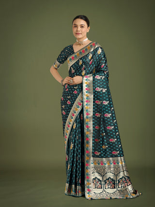 Monjolika Fashion Teal With Gold Bordar Banarasi Zari Woven Satin Saree