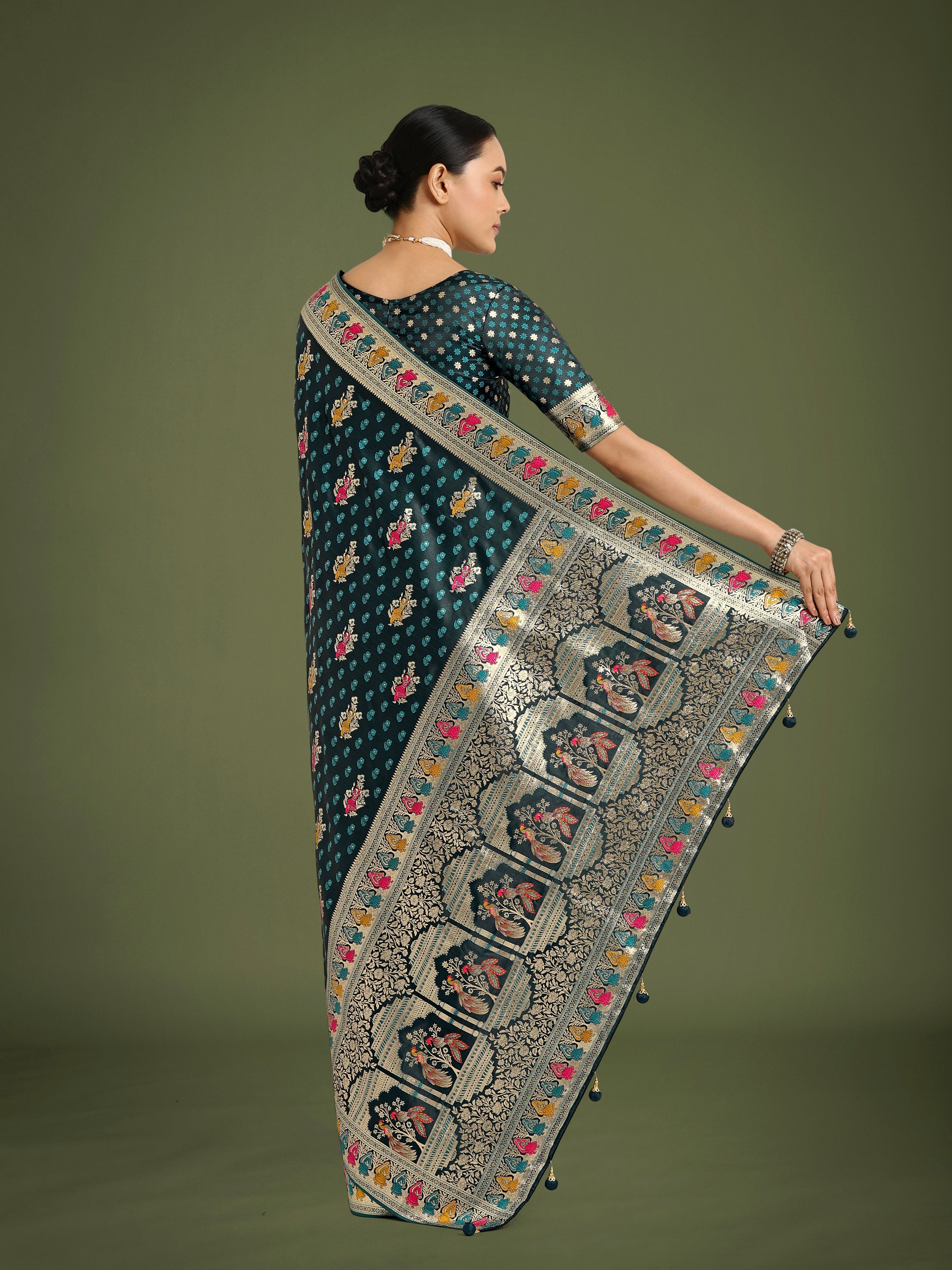 Monjolika Fashion Teal With Gold Bordar Banarasi Zari Woven Satin Saree