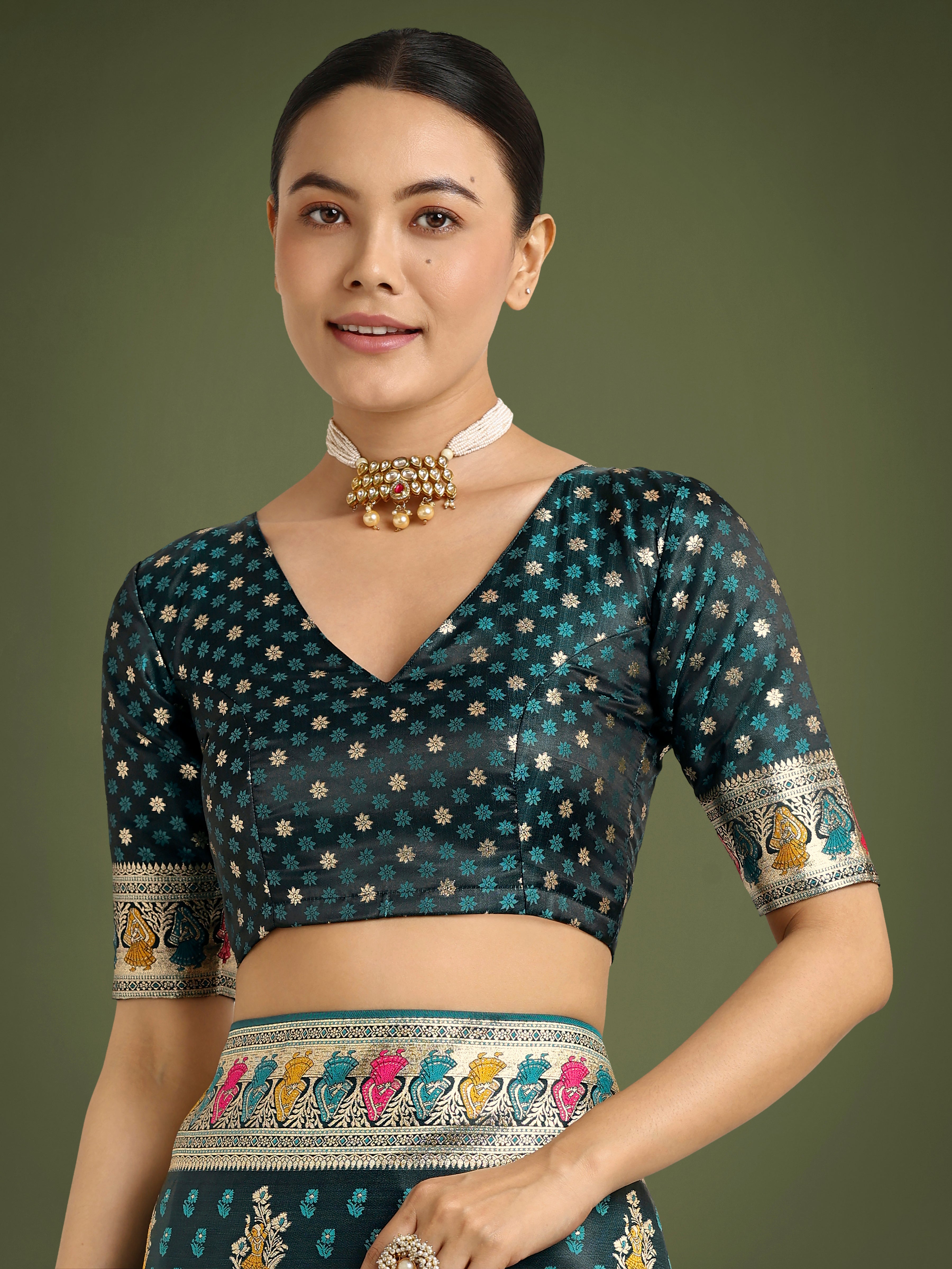 Monjolika Fashion Teal With Gold Bordar Banarasi Zari Woven Satin Saree
