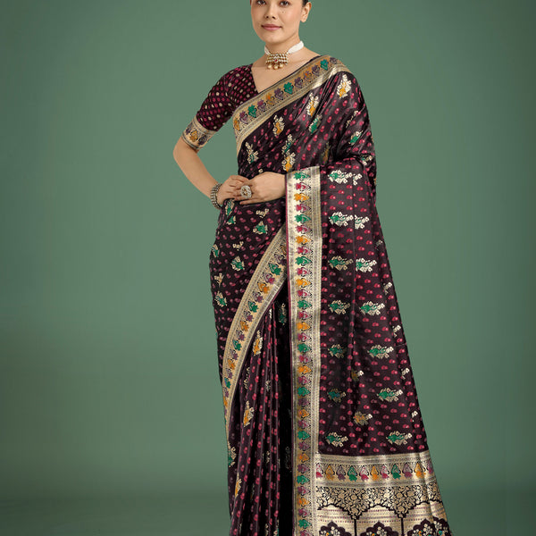 Monjolika Fashion Maroon With Gold Bordar Banarasi Zari Woven Satin Saree - Distacart