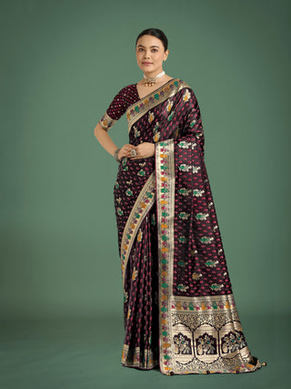 Monjolika Fashion Maroon With Gold Bordar Banarasi Zari Woven Satin Saree