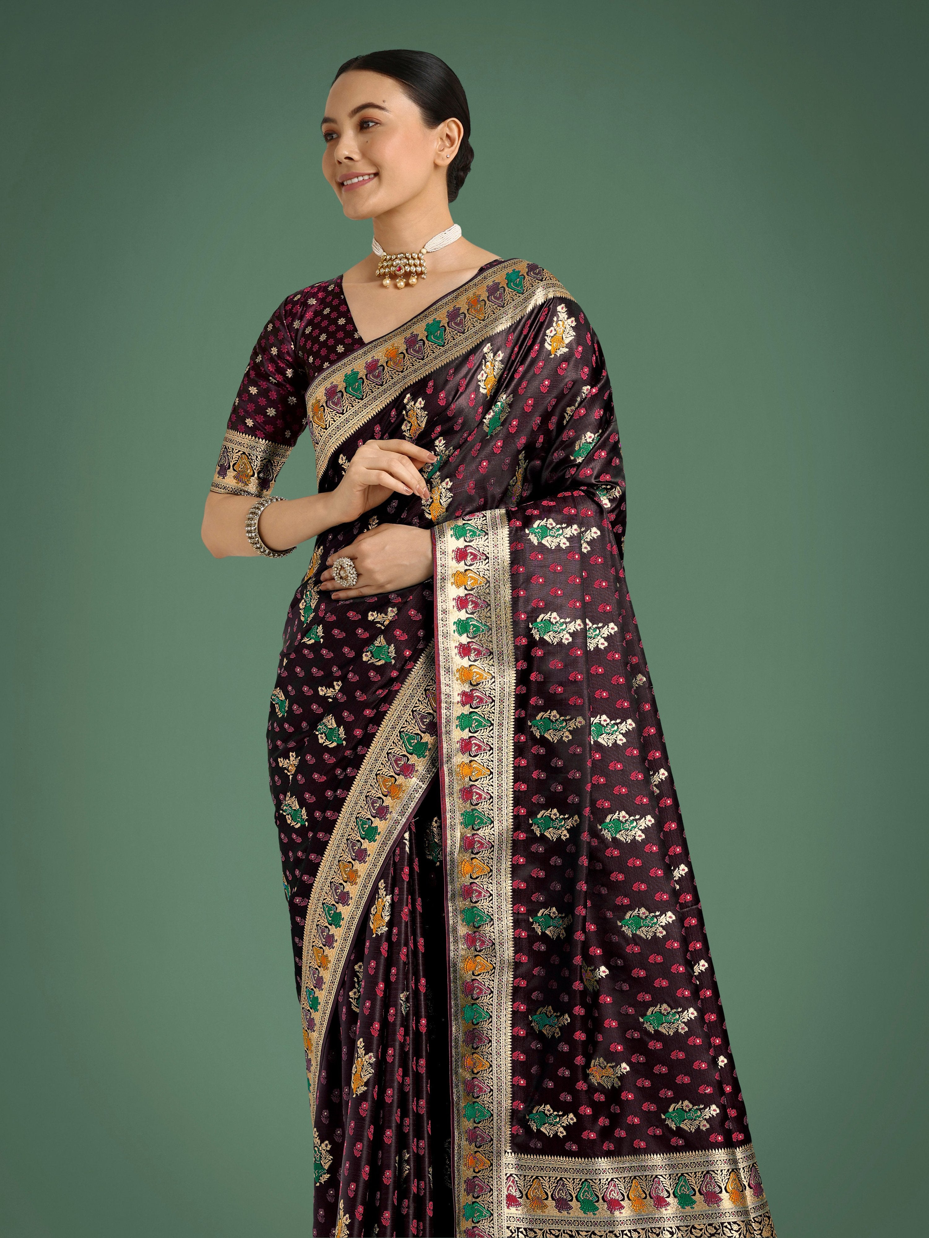 Monjolika Fashion Maroon With Gold Bordar Banarasi Zari Woven Satin Saree