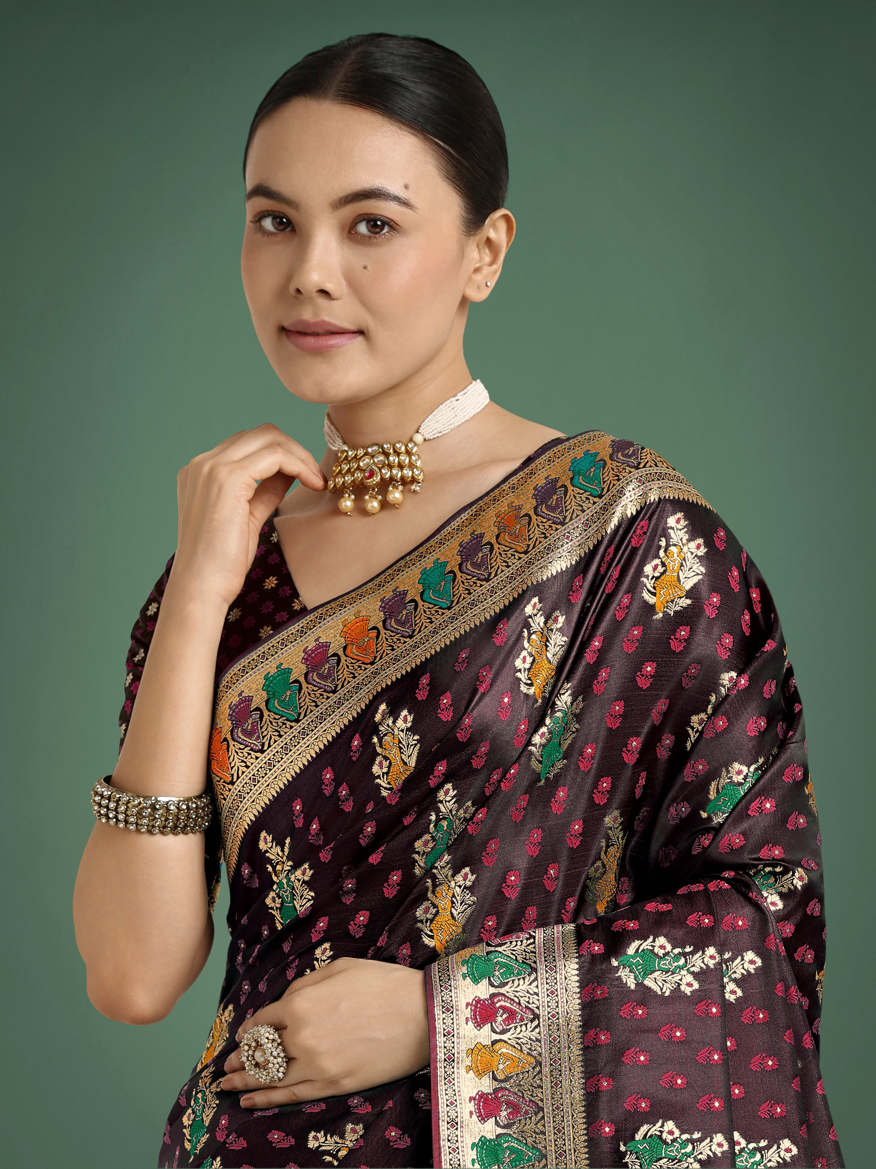 Monjolika Fashion Maroon With Gold Bordar Banarasi Zari Woven Satin Saree