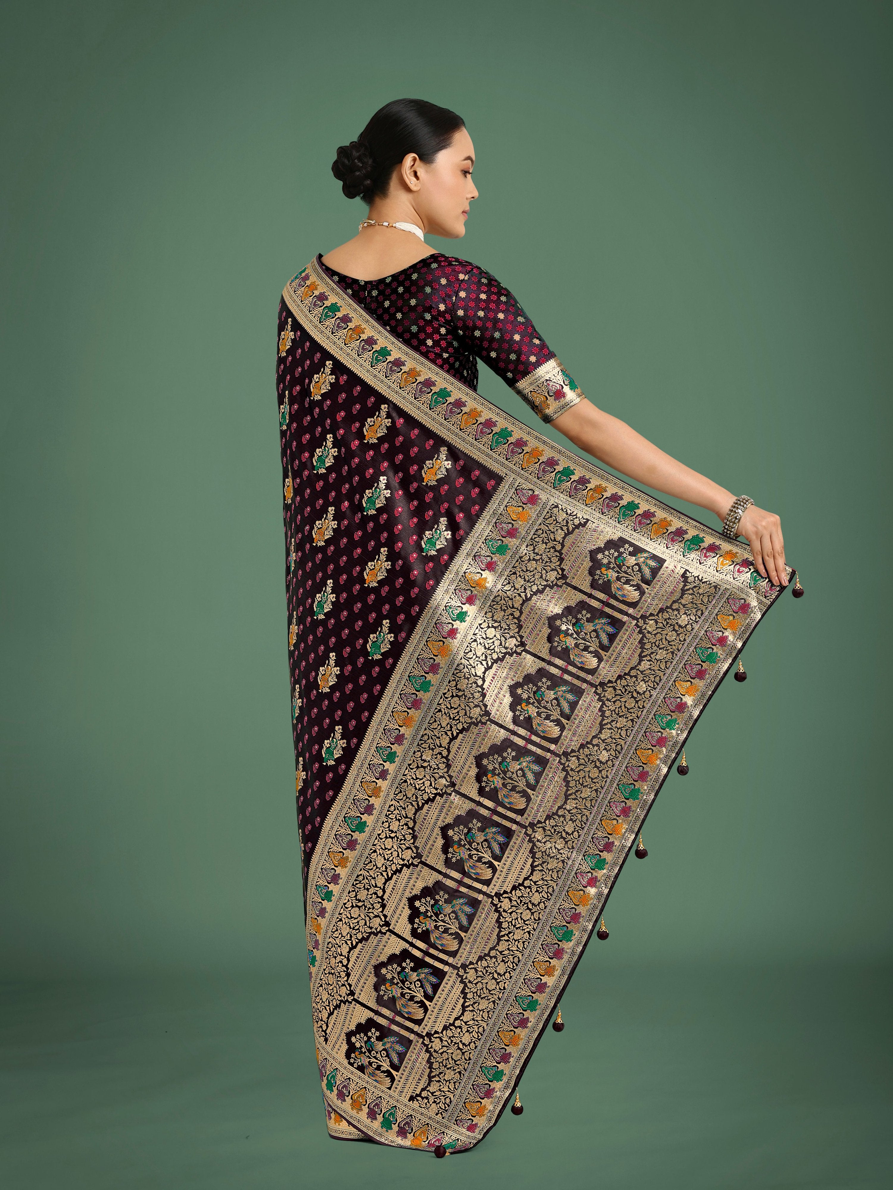 Monjolika Fashion Maroon With Gold Bordar Banarasi Zari Woven Satin Saree