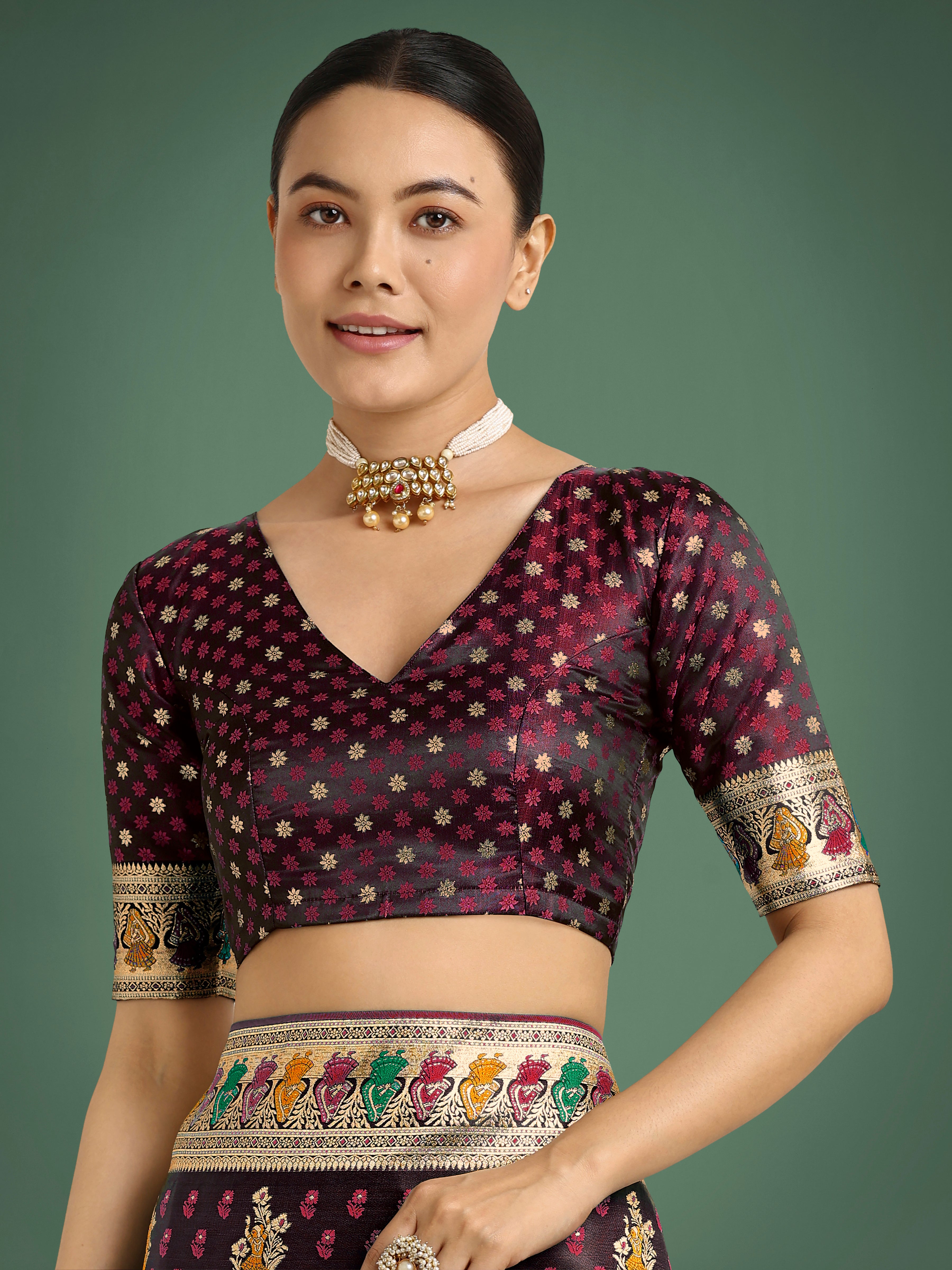 Monjolika Fashion Maroon With Gold Bordar Banarasi Zari Woven Satin Saree