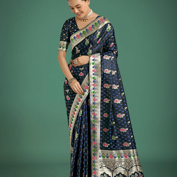 Monjolika Fashion Dark blue With Gold Bordar Banarasi Zari Woven Satin Saree - Distacart