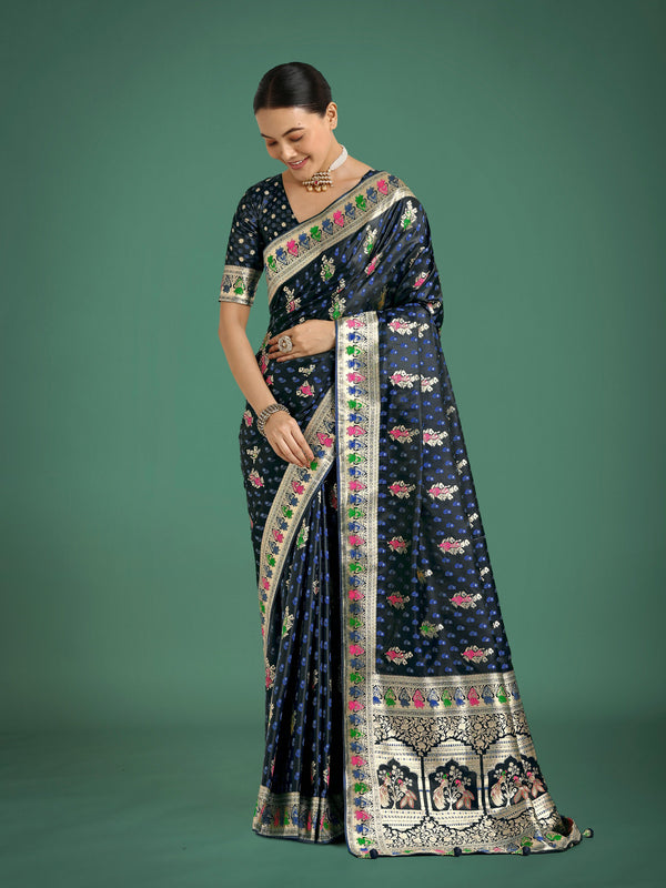 Monjolika Fashion Dark blue With Gold Bordar Banarasi Zari Woven Satin Saree