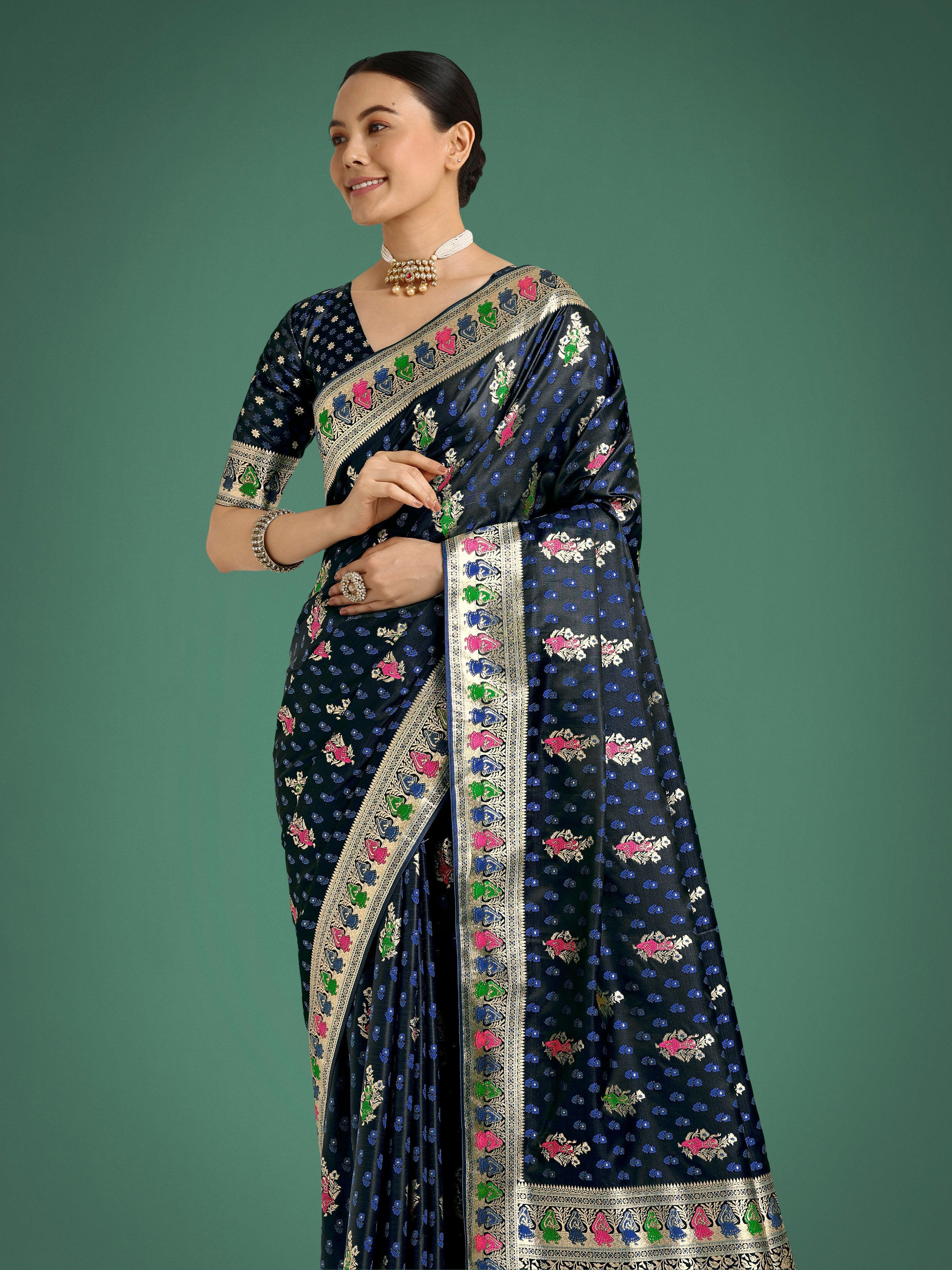 Monjolika Fashion Dark blue With Gold Bordar Banarasi Zari Woven Satin Saree