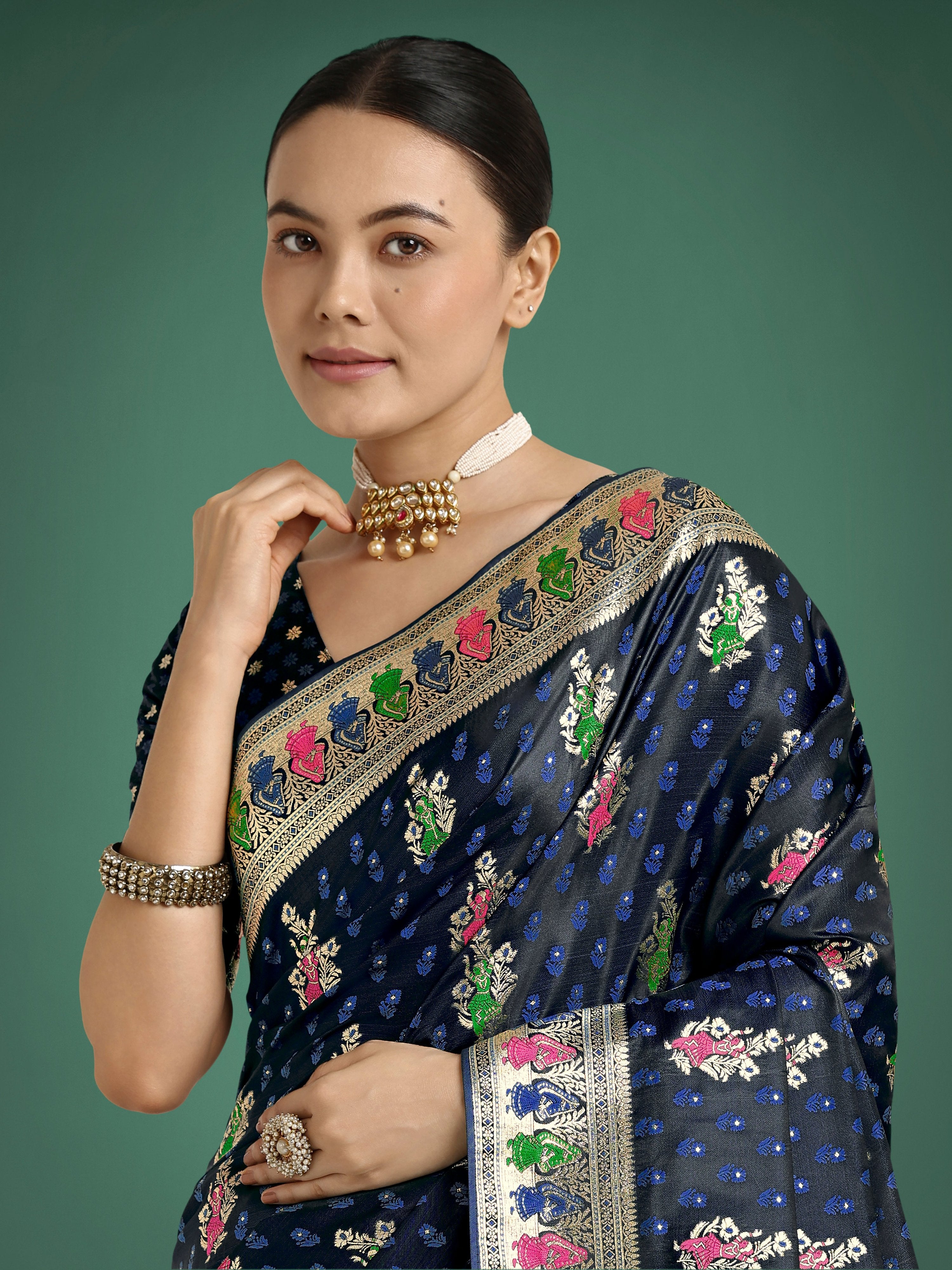 Monjolika Fashion Dark blue With Gold Bordar Banarasi Zari Woven Satin Saree