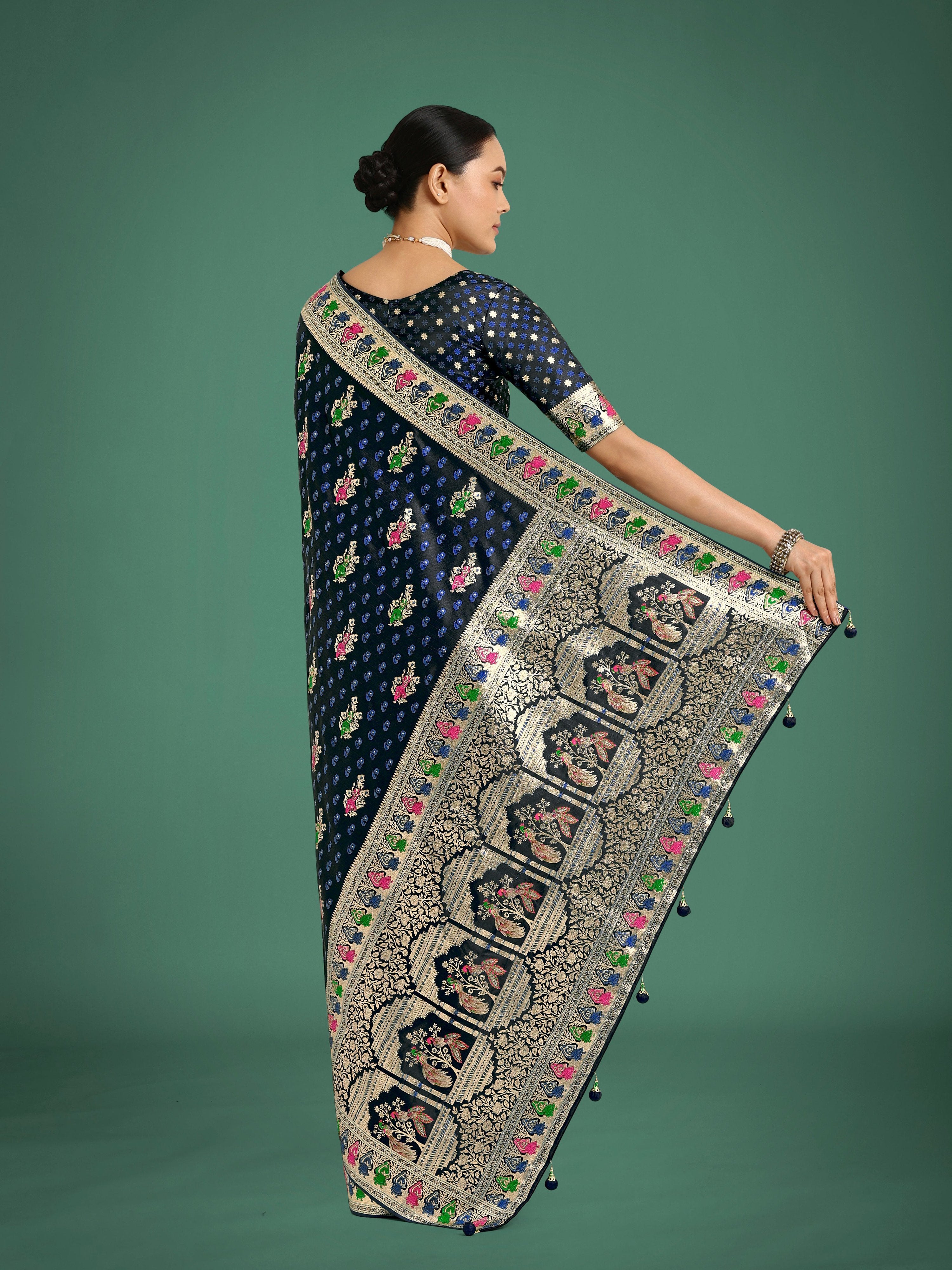 Monjolika Fashion Dark blue With Gold Bordar Banarasi Zari Woven Satin Saree