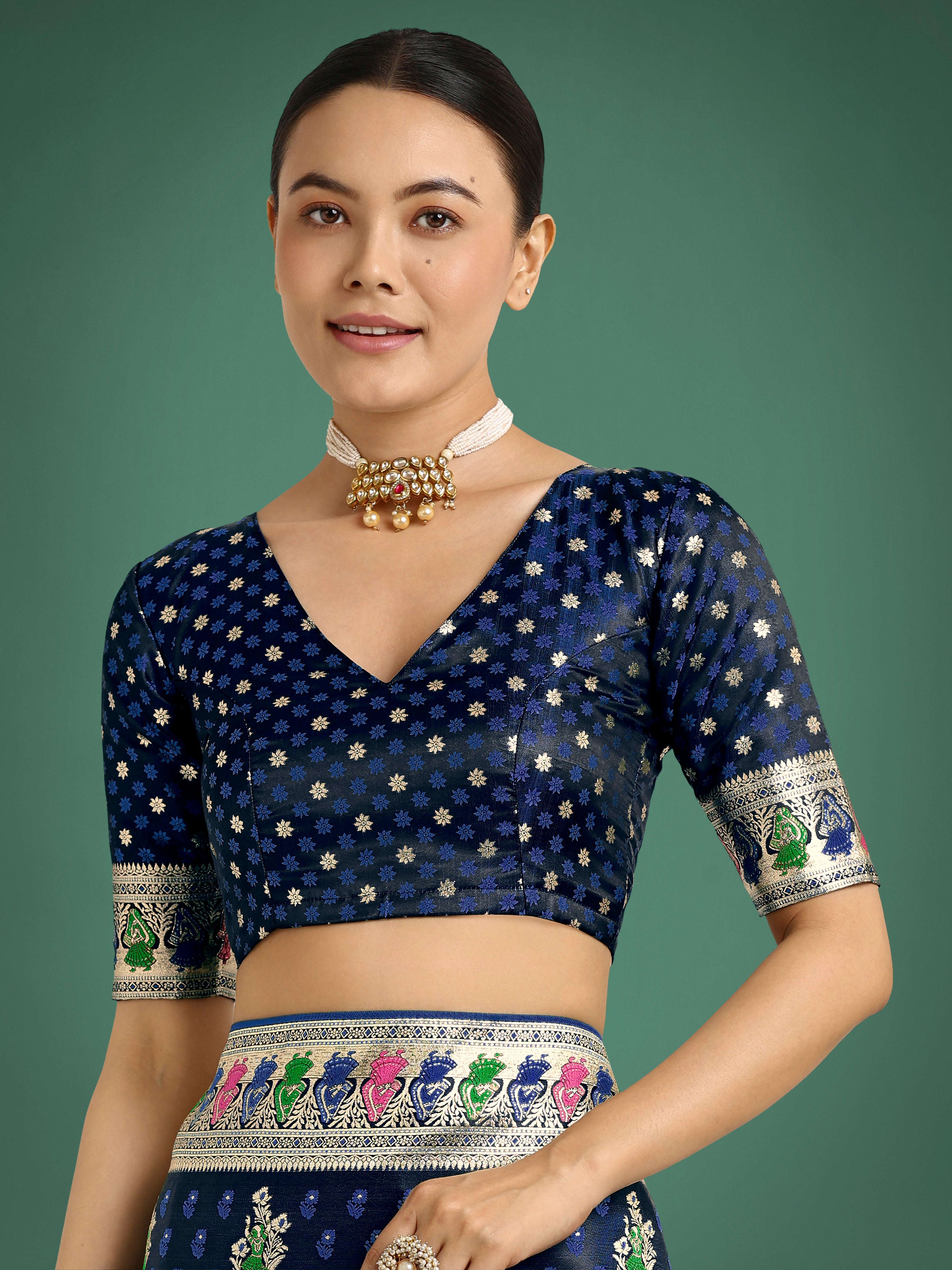 Monjolika Fashion Dark blue With Gold Bordar Banarasi Zari Woven Satin Saree