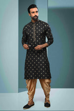 Thumbnail for Raivat Ethnic Cotton Digital Print Pintux Work Kurta Pajama In Black Colour - Distacart