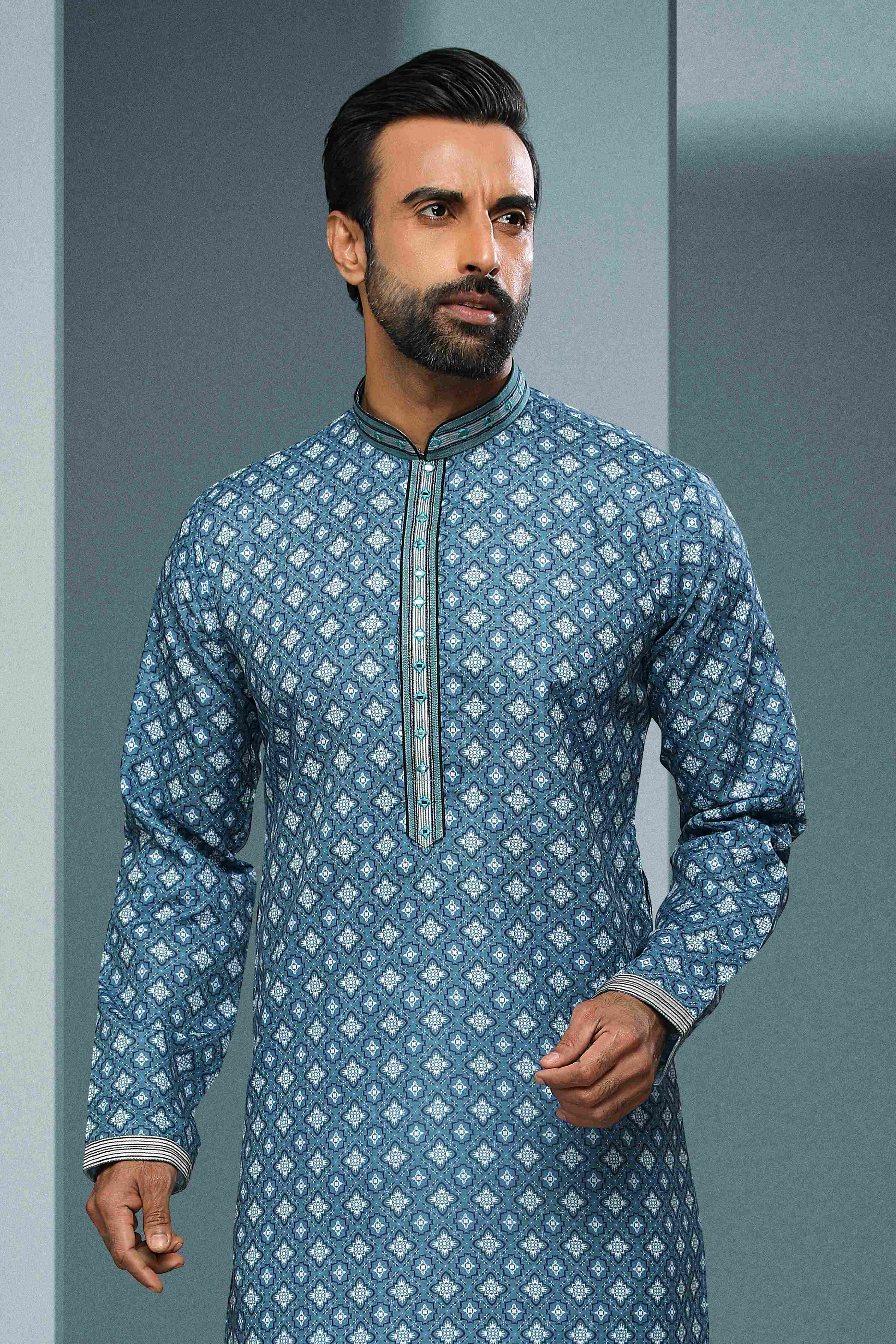 Raivat Ethnic Cotton Digital Print Mirror Work Kurta Pajama In Blue Colour - Distacart