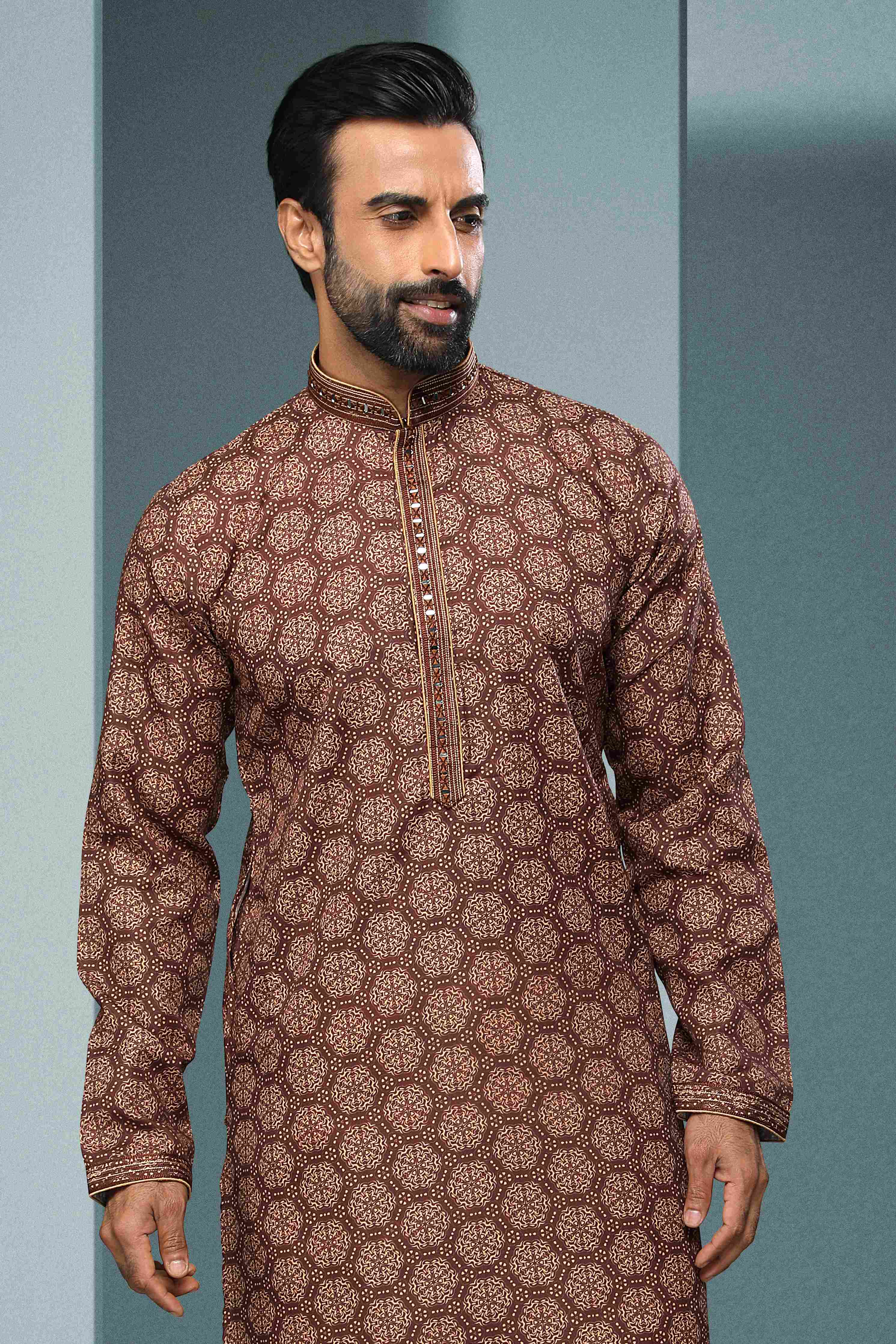 Raivat Ethnic Cotton Digital Print Mirror Work Kurta Pajama In Brown Colour - Distacart