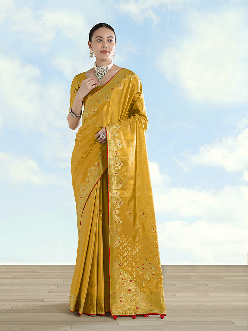 Monjolika Fashion Mustard Color Paisley Zari Woven Banarasi Tissue Silk Saree - Distacart