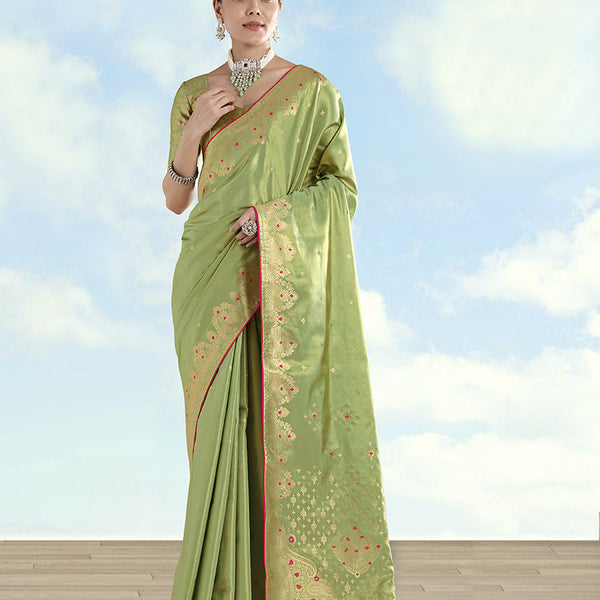 Monjolika Fashion Parrot Green Color Paisley Zari Woven Banarasi Tissue Silk Saree - Distacart
