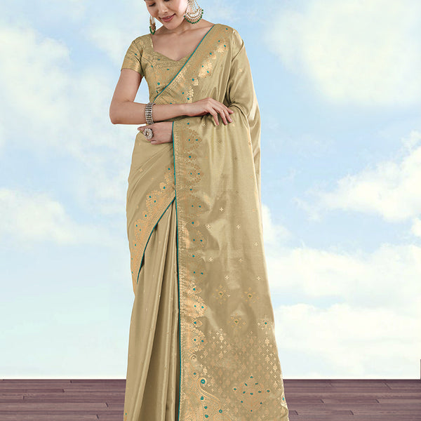 Monjolika Fashion Cream Color Paisley Zari Woven Banarasi Tissue Silk Saree - Distacart