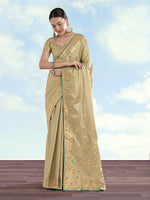 Thumbnail for Monjolika Fashion Cream Color Paisley Zari Woven Banarasi Tissue Silk Saree - Distacart