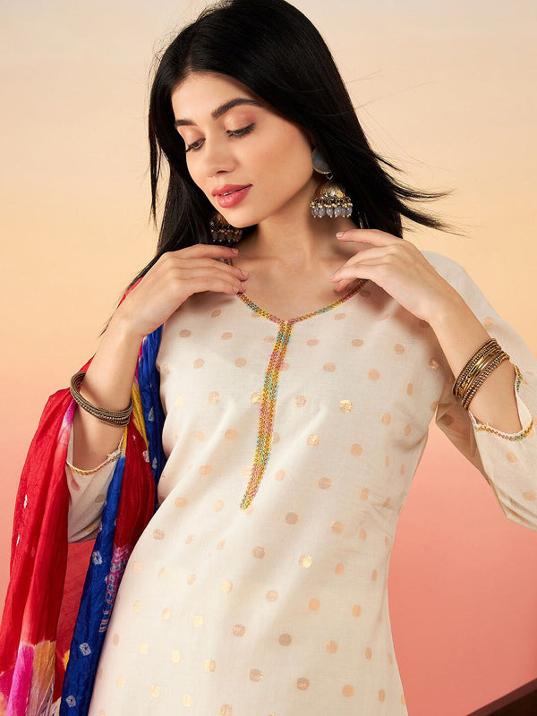 Sangria Ethnic Motifs Printed Pure Cotton Straight Kurta With Salwar & Dupatta