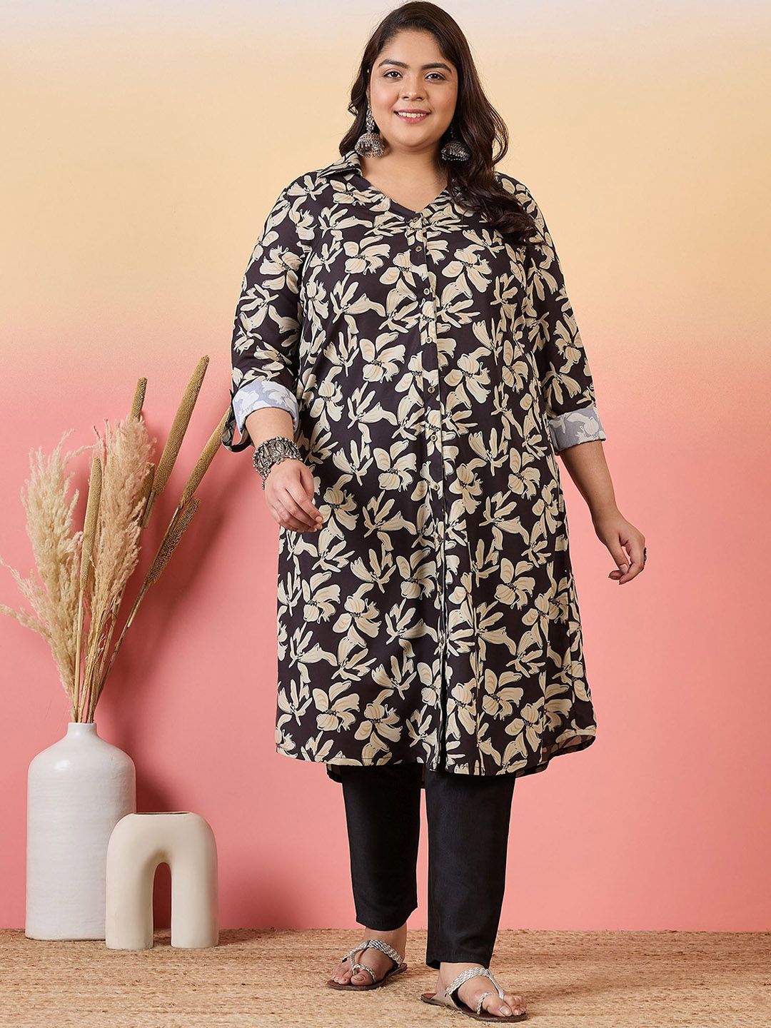 Sztori Plus Size Floral Printed Shirt Collar Roll-Up Sleeves Crepe Pathani Kurta - Distacart
