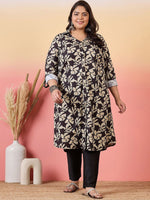 Thumbnail for Sztori Plus Size Floral Printed Shirt Collar Roll-Up Sleeves Crepe Pathani Kurta