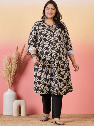 Sztori Plus Size Floral Printed Shirt Collar Roll-Up Sleeves Crepe Pathani Kurta