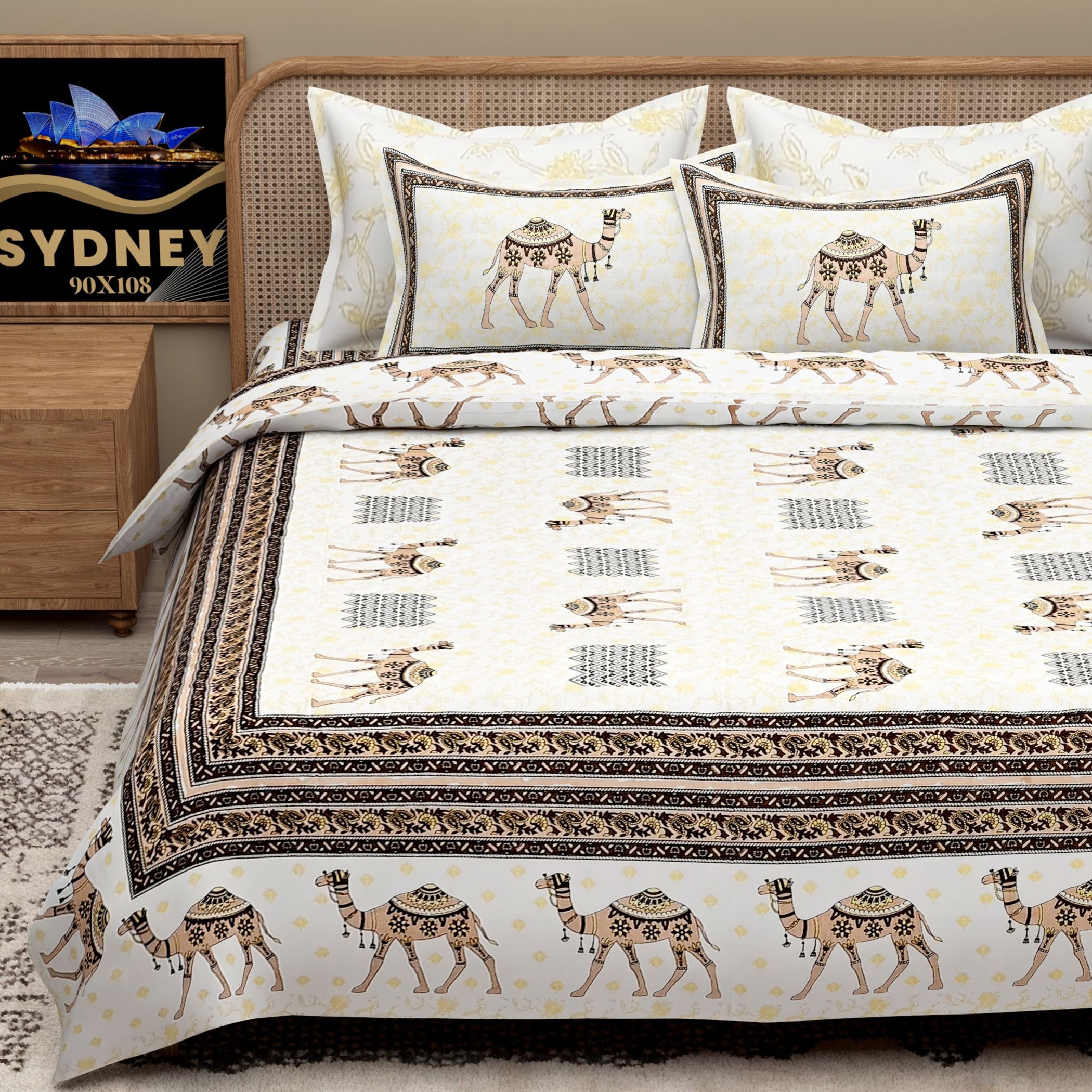 Orange Ethnic Motifs Cotton 200TC King Bedsheet With 2 Zipper Pillow Covers - King Size by House of Ree - Distacart