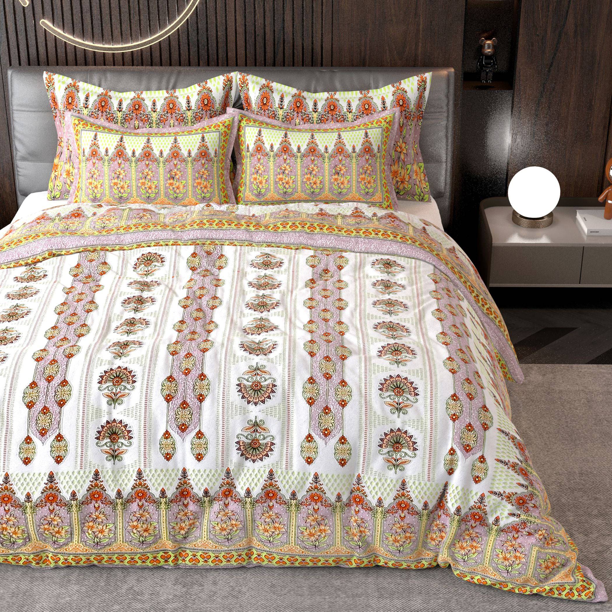 Yellow White Ethnic Motifs Cotton 220 TC King Bedsheet With 2 Zipper Pillow Covers - King Size by House of Ree - Distacart