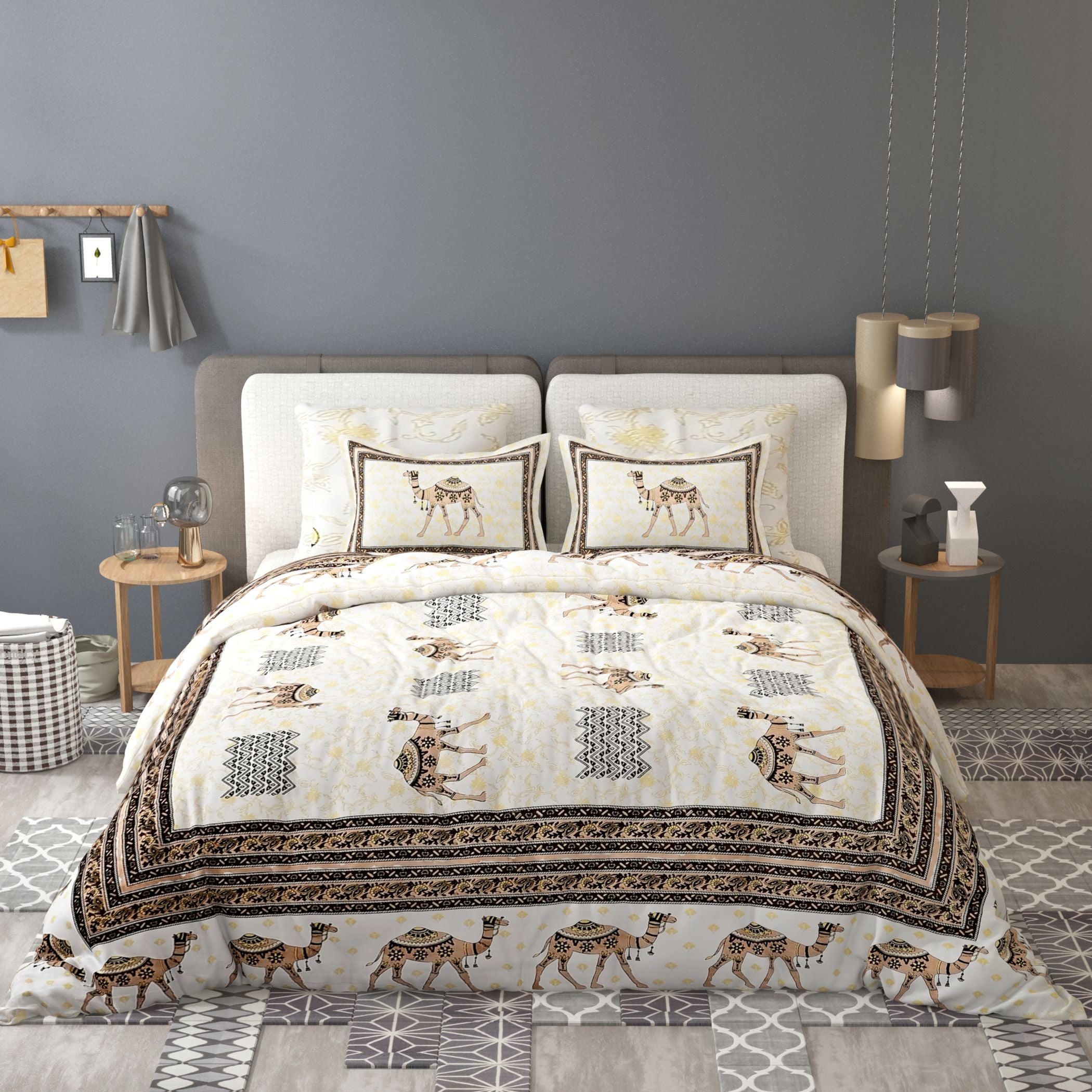 Orange Ethnic Motifs Cotton 200TC King Bedsheet With 2 Zipper Pillow Covers - King Size by House of Ree - Distacart