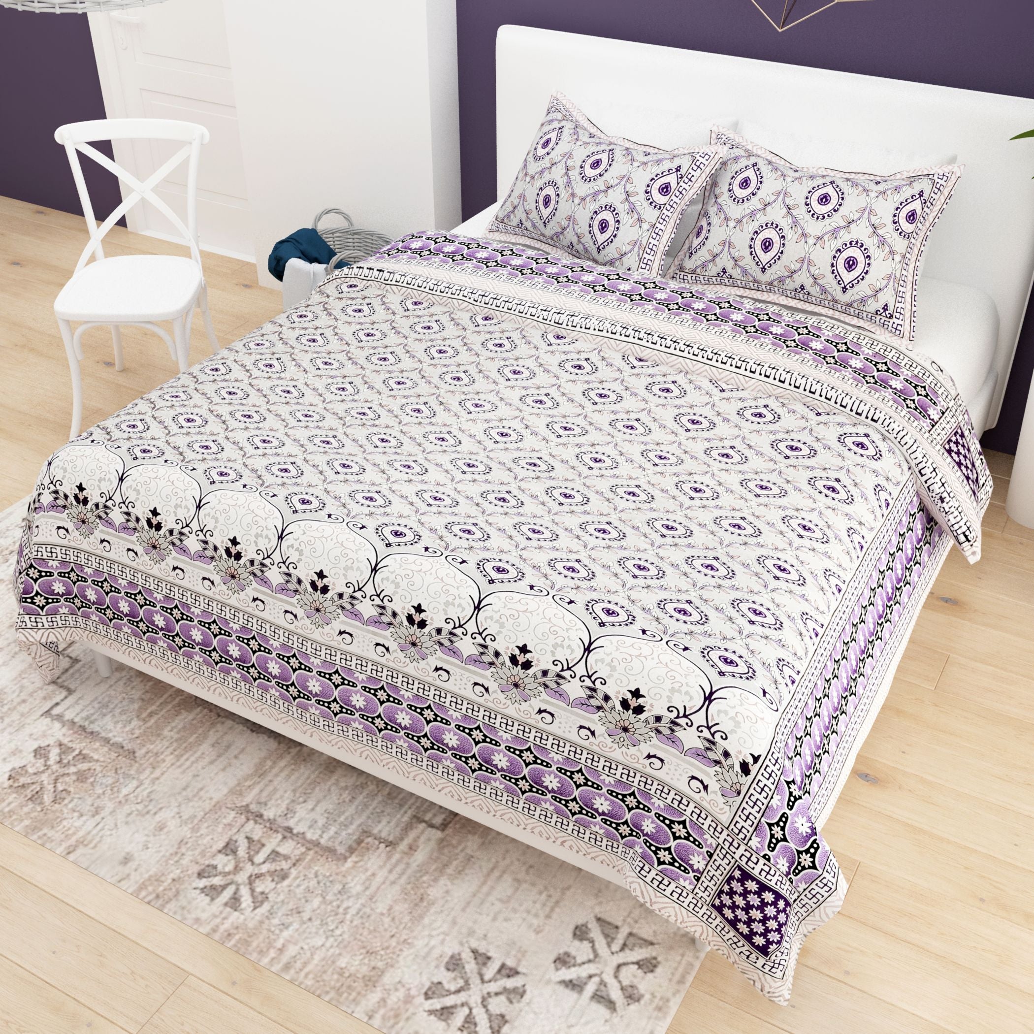 Grey White Ethnic Motifs Cotton 200TC King Bedsheet With 2 Zipper Pillow Covers - King Size by House of Ree - Distacart