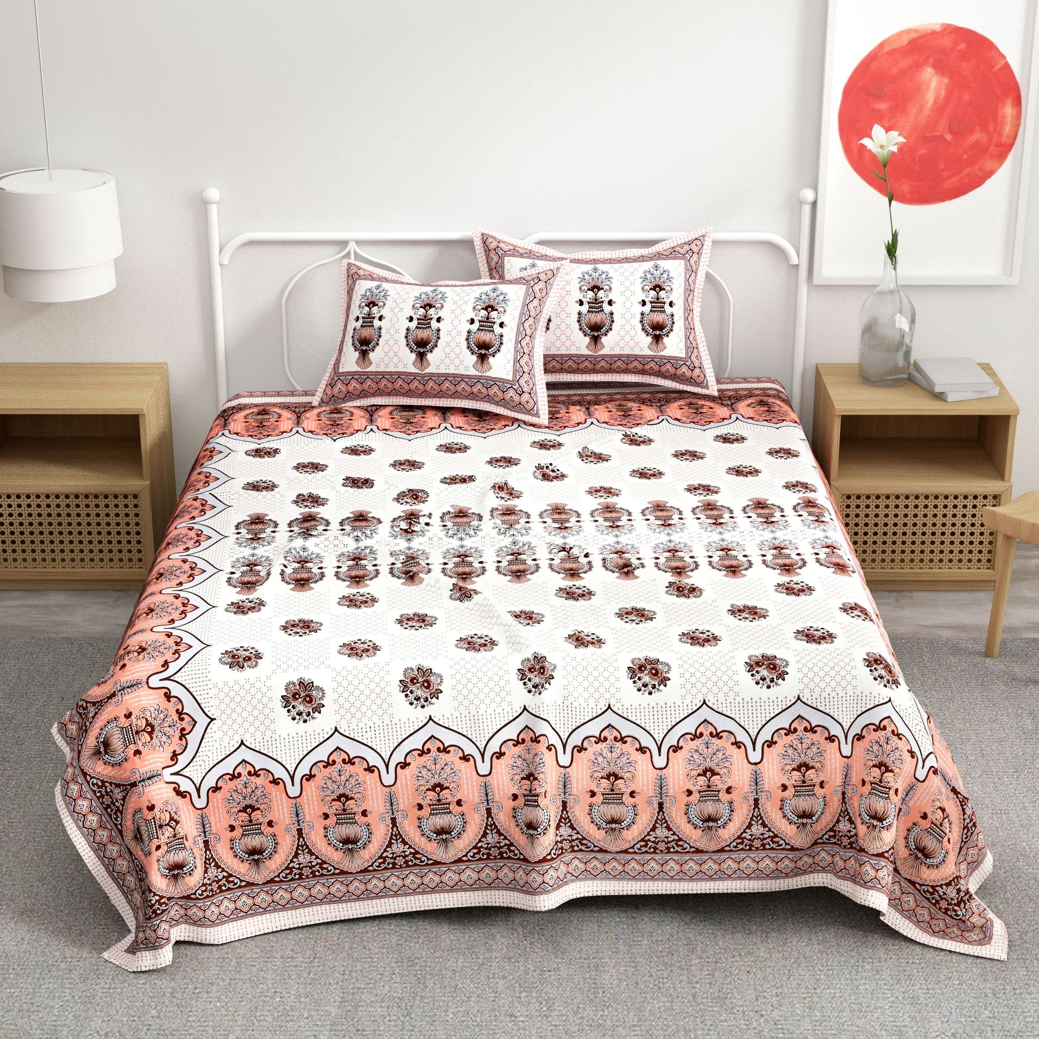 Brown White Floral Design Cotton 300TC Super King Bedsheet With 2 Zipper Pillow Covers - King Size by House of Ree - Distacart