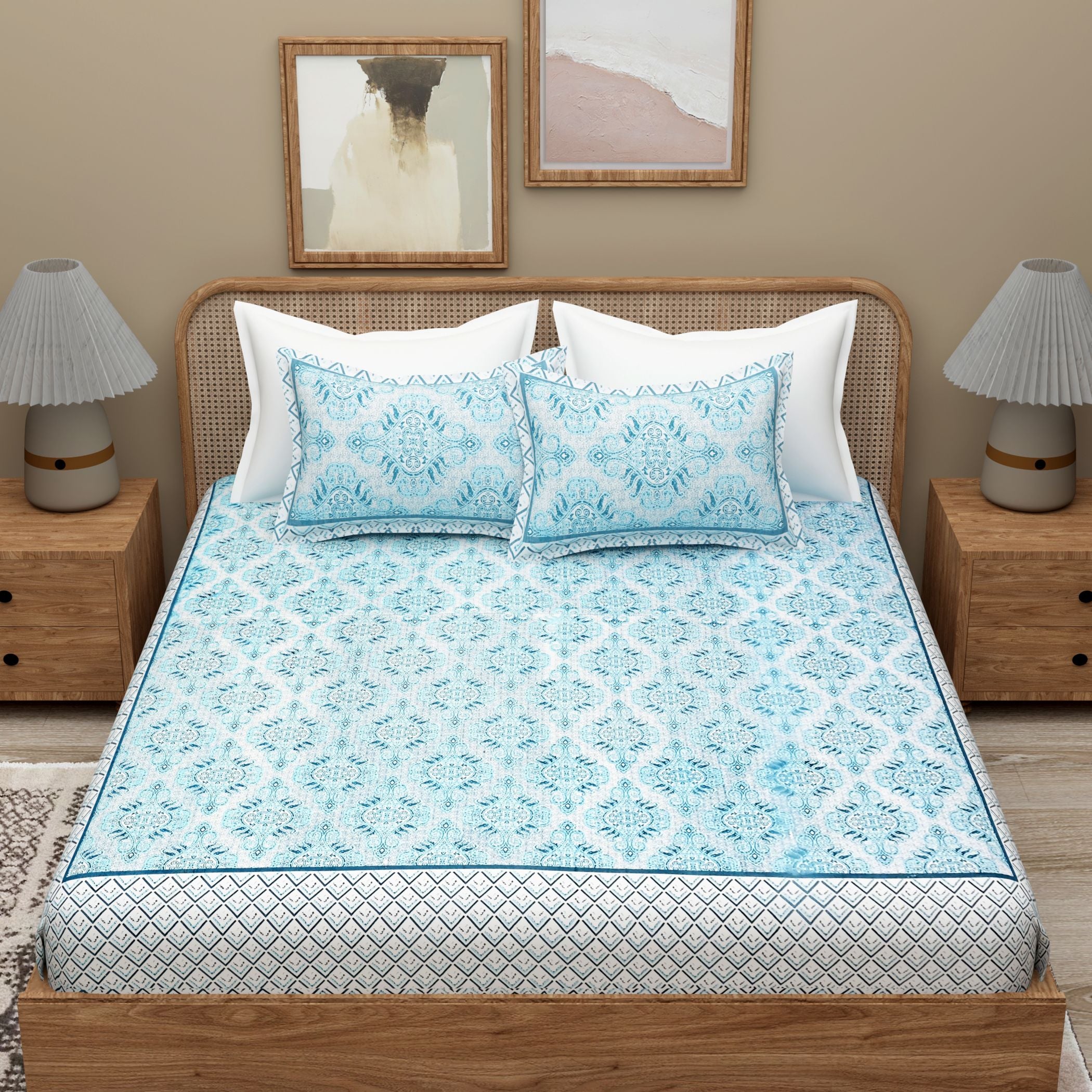 Blue Ethnic Motifs Cotton 300TC King Bedsheet With 2 Zipper Pillow Covers - Super King Size by House of Ree - Distacart