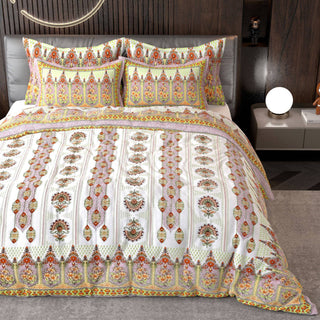 Yellow White Ethnic Motifs Cotton 220 TC King Bedsheet With 2 Zipper Pillow Covers - King Size by House of Ree - Distacart