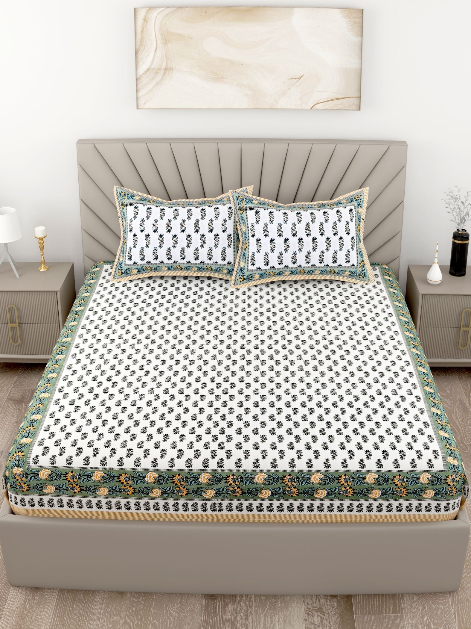 Green White Leaf Design Cotton 200TC King Bedsheet With 2 Zipper Pillow Covers - King Size by House of Ree - Distacart