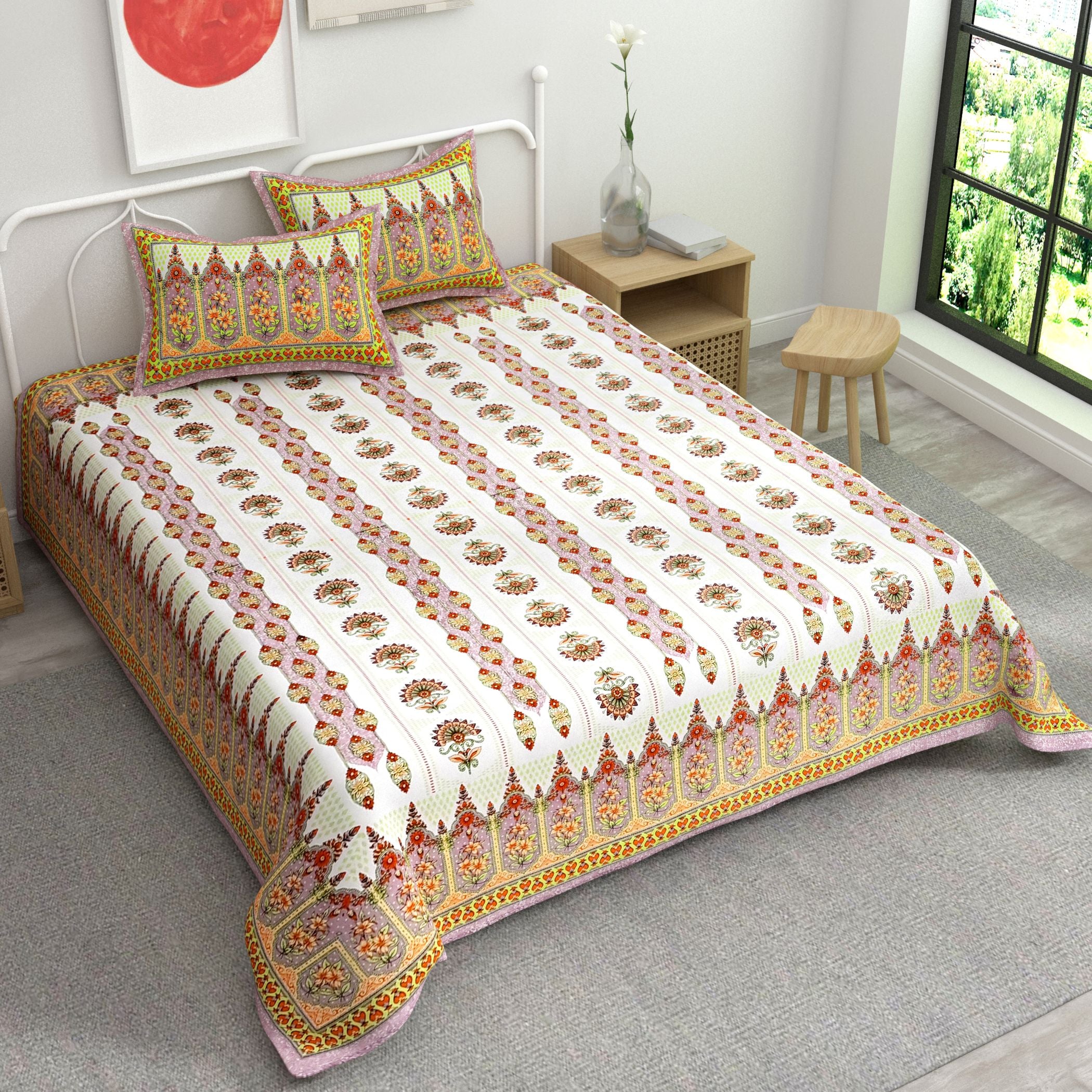 Yellow White Ethnic Motifs Cotton 220 TC King Bedsheet With 2 Zipper Pillow Covers - King Size by House of Ree - Distacart