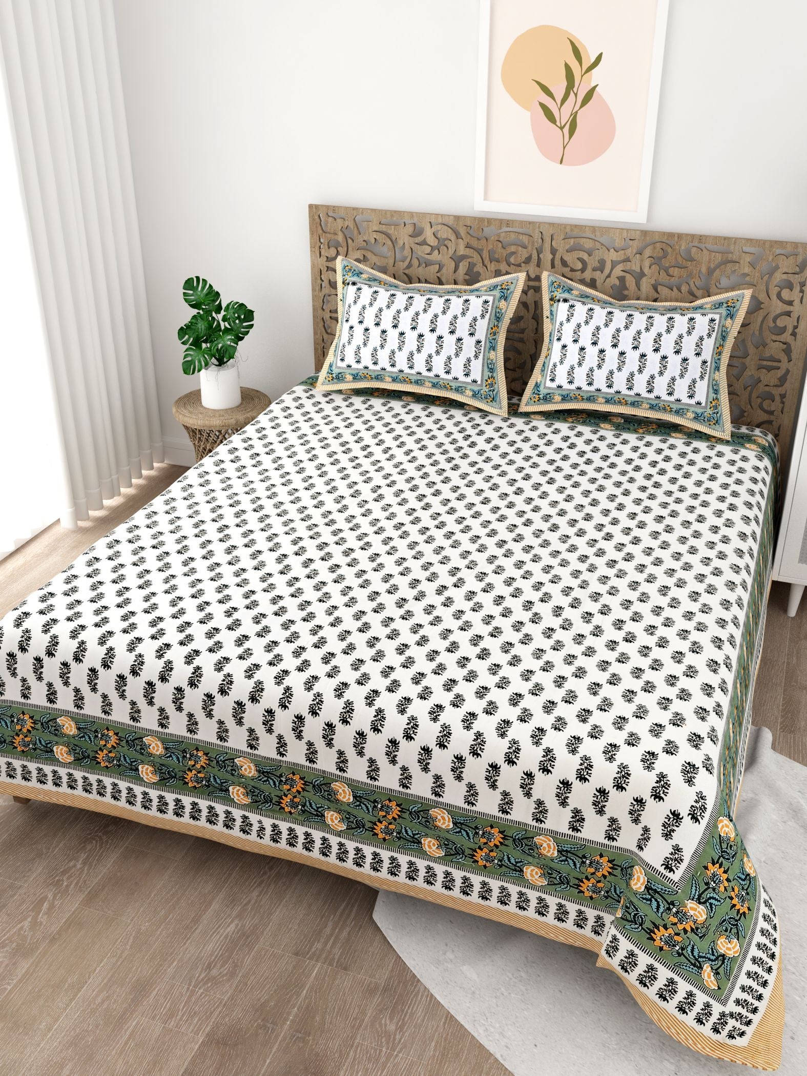Green White Leaf Design Cotton 200TC King Bedsheet With 2 Zipper Pillow Covers - King Size by House of Ree - Distacart