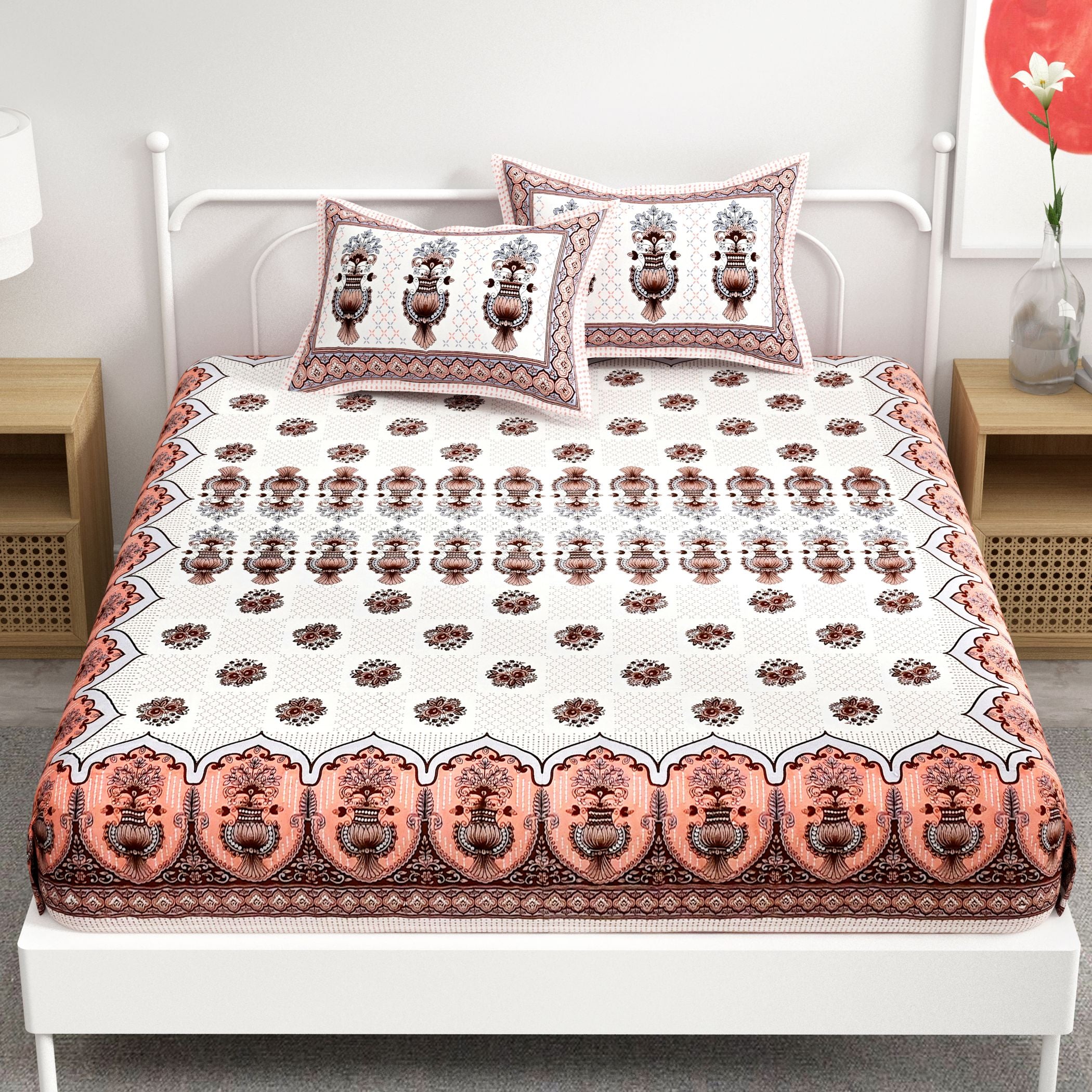 Brown White Floral Design Cotton 300TC Super King Bedsheet With 2 Zipper Pillow Covers - King Size by House of Ree - Distacart
