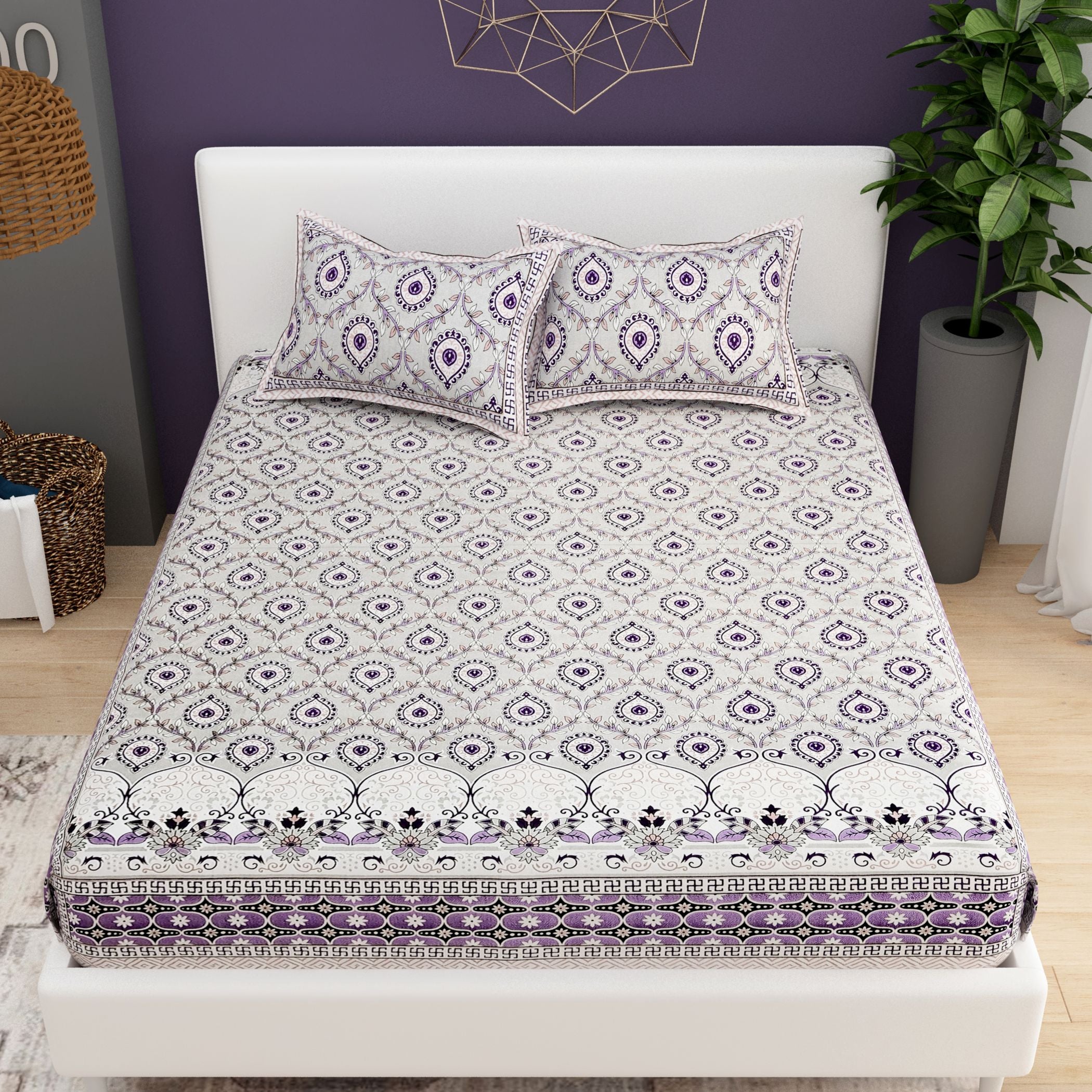 Grey White Ethnic Motifs Cotton 200TC King Bedsheet With 2 Zipper Pillow Covers - King Size by House of Ree - Distacart