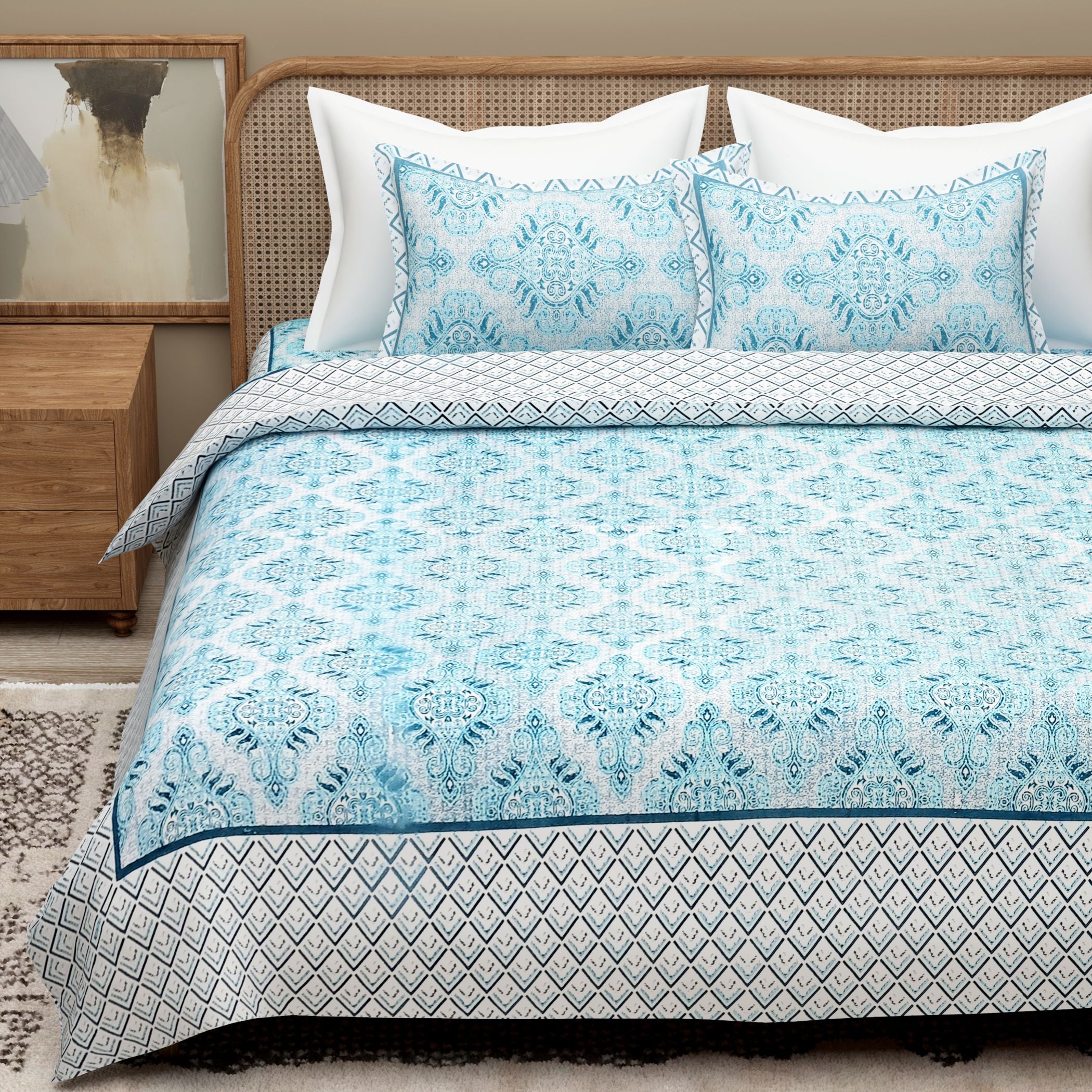 Blue Ethnic Motifs Cotton 300TC King Bedsheet With 2 Zipper Pillow Covers - Super King Size by House of Ree - Distacart